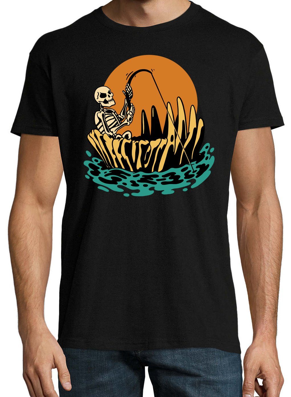 Schwarz mit T-Shirt Skelett Halloween Designz Fun-Look Frontdruck Horror Herren T-Shirt Trendigem Fischer Youth