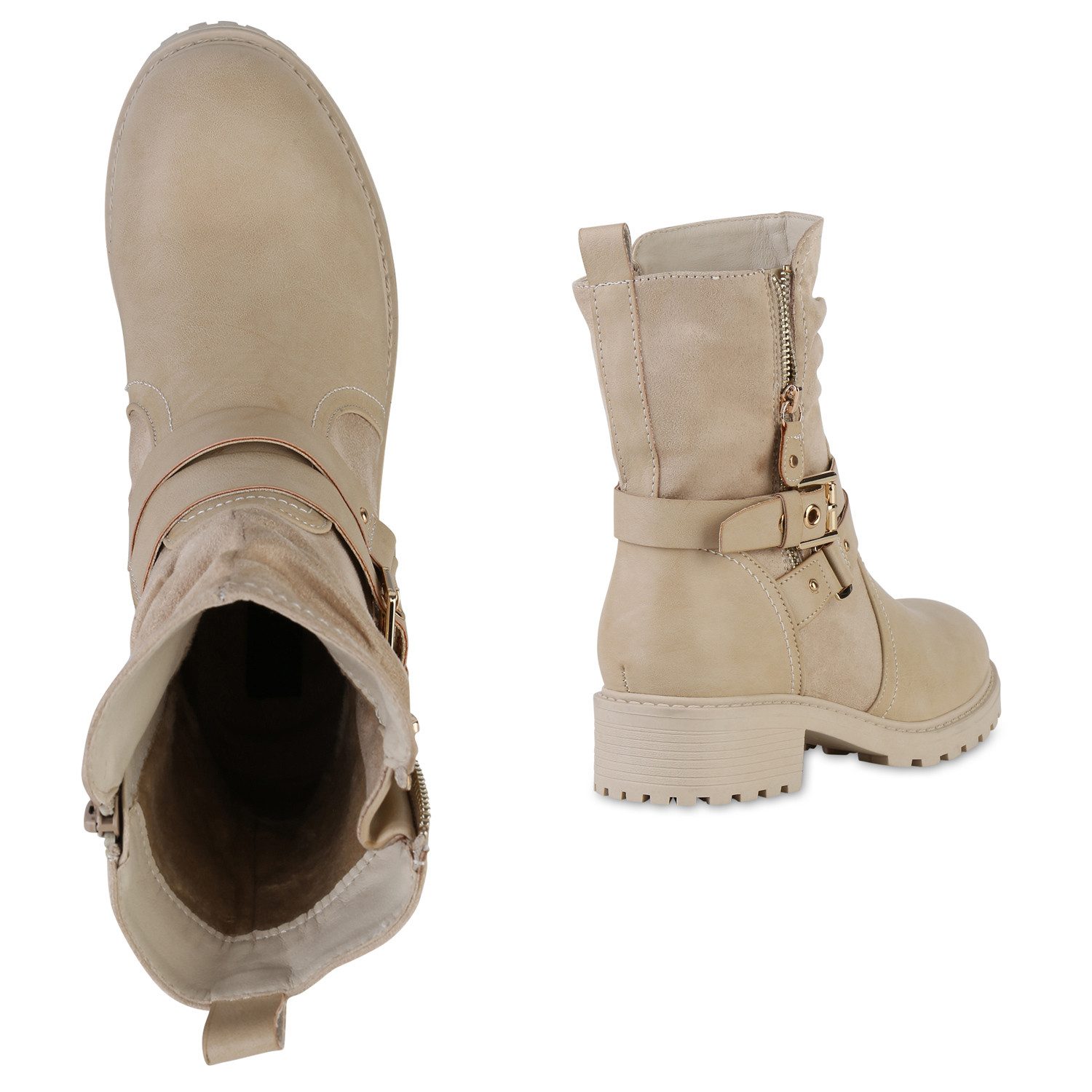 VAN HILL 841452 Bikerboots Damen Leicht Gefütterte Biker Boots Stiefeletten Schnallen