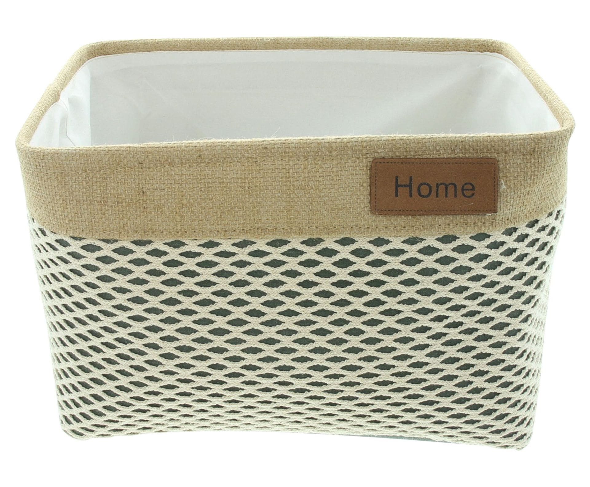 Dekoleidenschaft Aufbewahrungskorb "Home" Stoffkorb grün mit Häkelmuster, Bad Körbchen, Aufbewahrungsbox, Korb für Wohnzimmer, Küche, Badezimmer