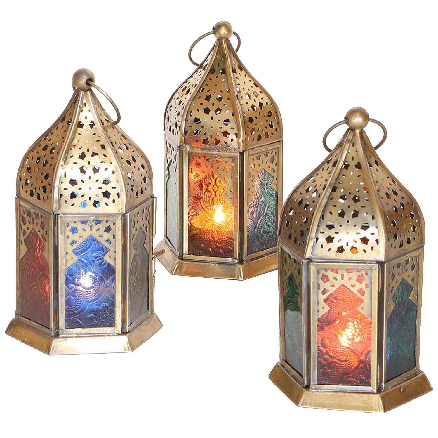 Nael Windlicht Casa mit 3 Reliefglas Teelichthalter (Set, bunt Set Windlichter Moro 3er-Set), Glas WDL1030 Orientalische Kerzenhalter Weihnachtsdeko Multi