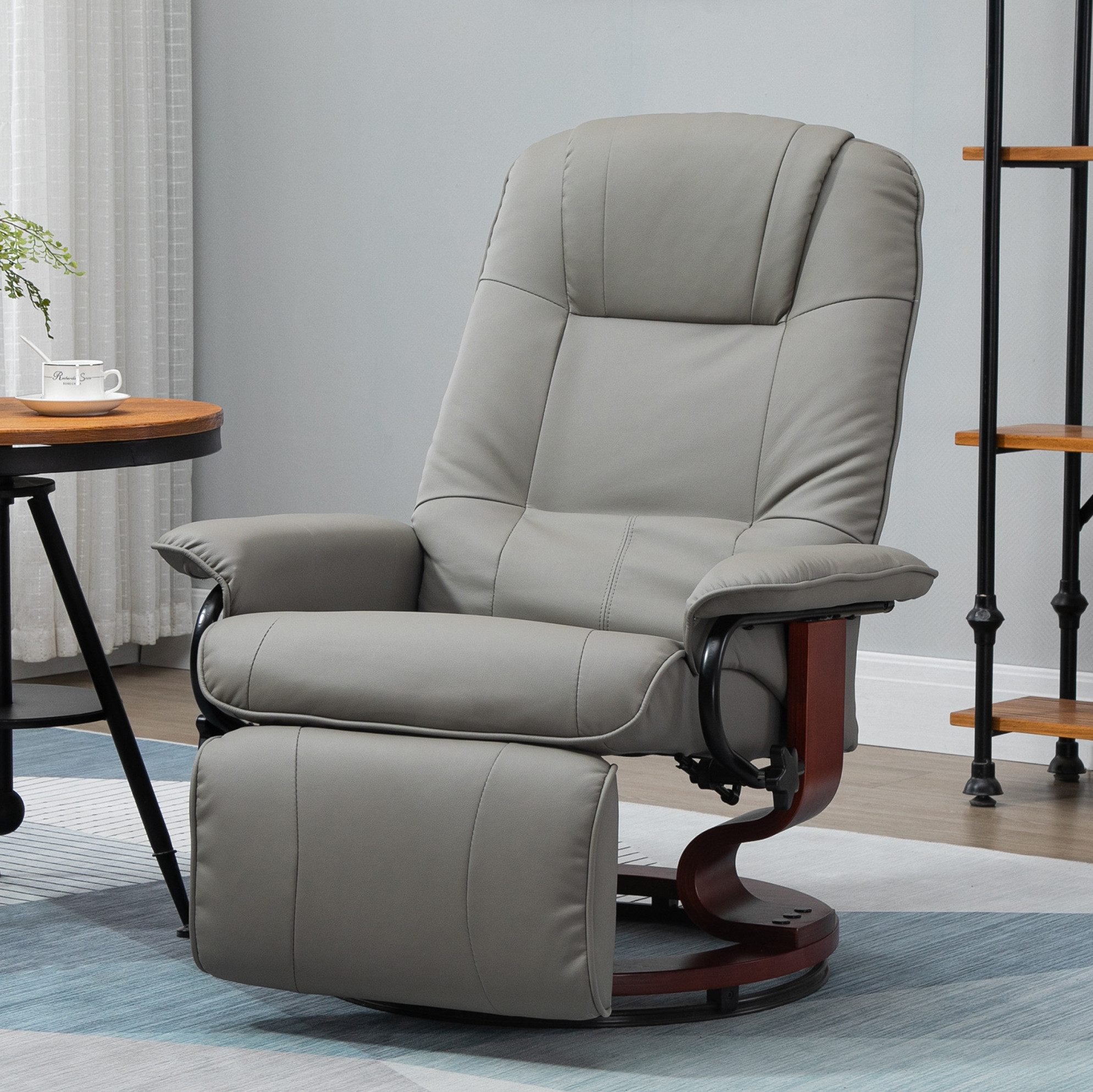 OKWISH Relaxsessel mit Fußstütze, Fernsehsessel aus Kunstleder, Sitzhöhe 45 cm (1-St., Komfortabler Drehstuhl für Wohnzimmer oder Arbeitszimmer, Schwarz), Liegesessel 360° drehbar mit Holzfuß, 145° neigbar, 78 x 87 x 100 cm