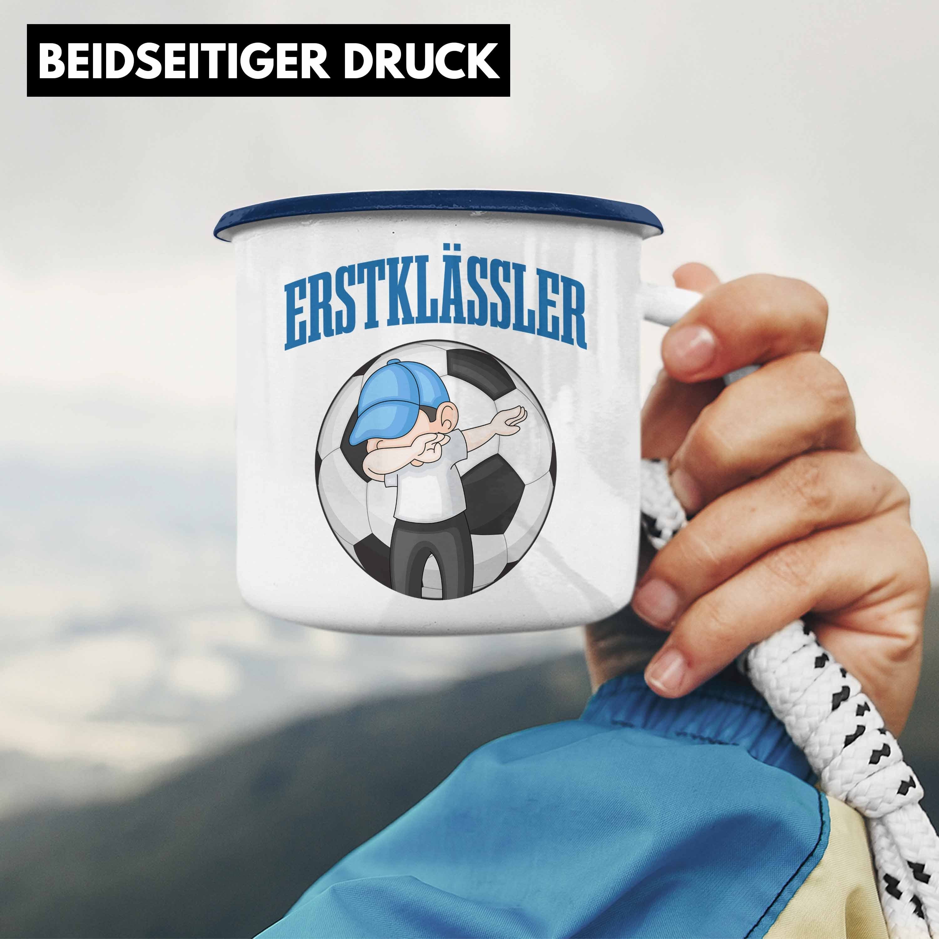 Trendation Thermotasse Trendation - Schultag Fussball Schulstart Emaille für Blau Einschulung Jungs Geschenkidee 1. Junge Schultüte Schuleinführung Tasse Geschenk Füllung Schulkind Schulanfang