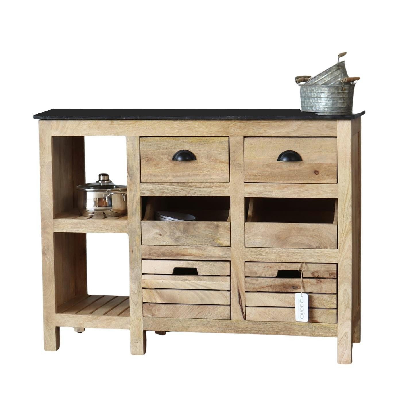 baario Sideboard Sideboard ROVINJ Küche Vintage, Anrichte edles Mangoholz Marmorplatte