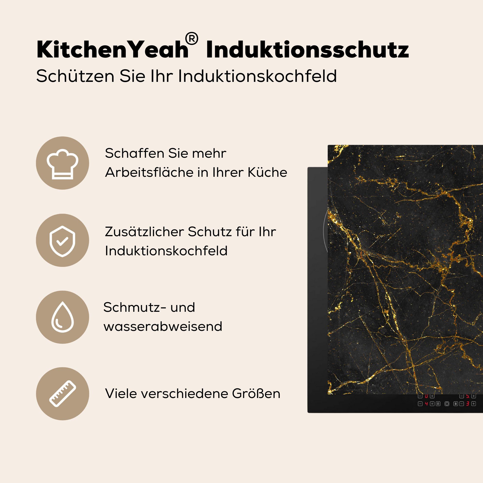 MuchoWow Herdblende-/Abdeckplatte Marmor Arbeitsplatte Ceranfeldabdeckung, - Vinyl, tlg), - 78x78 cm, küche (1 Gold Schwarz, für