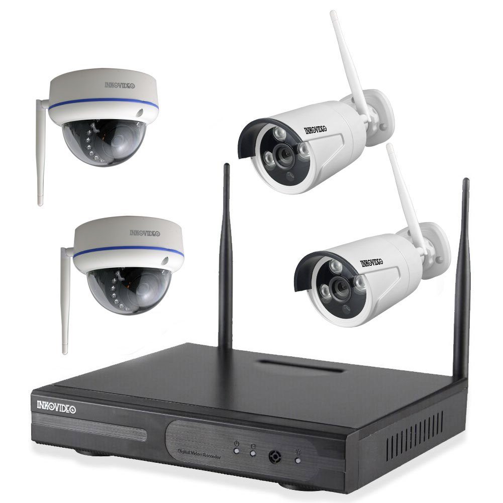 INKOVIDEO Überwachungskamera INKO-22M-D WLAN Set: 4-Kanal NVR mit 2x Bullet & 2x Dome 3 MP Kameras (Innen und Außen, 5-tlg., Plug & play, P2P, H.265/H.265+ Komprimierung, Nachtsicht, HDMI-Ausgang)