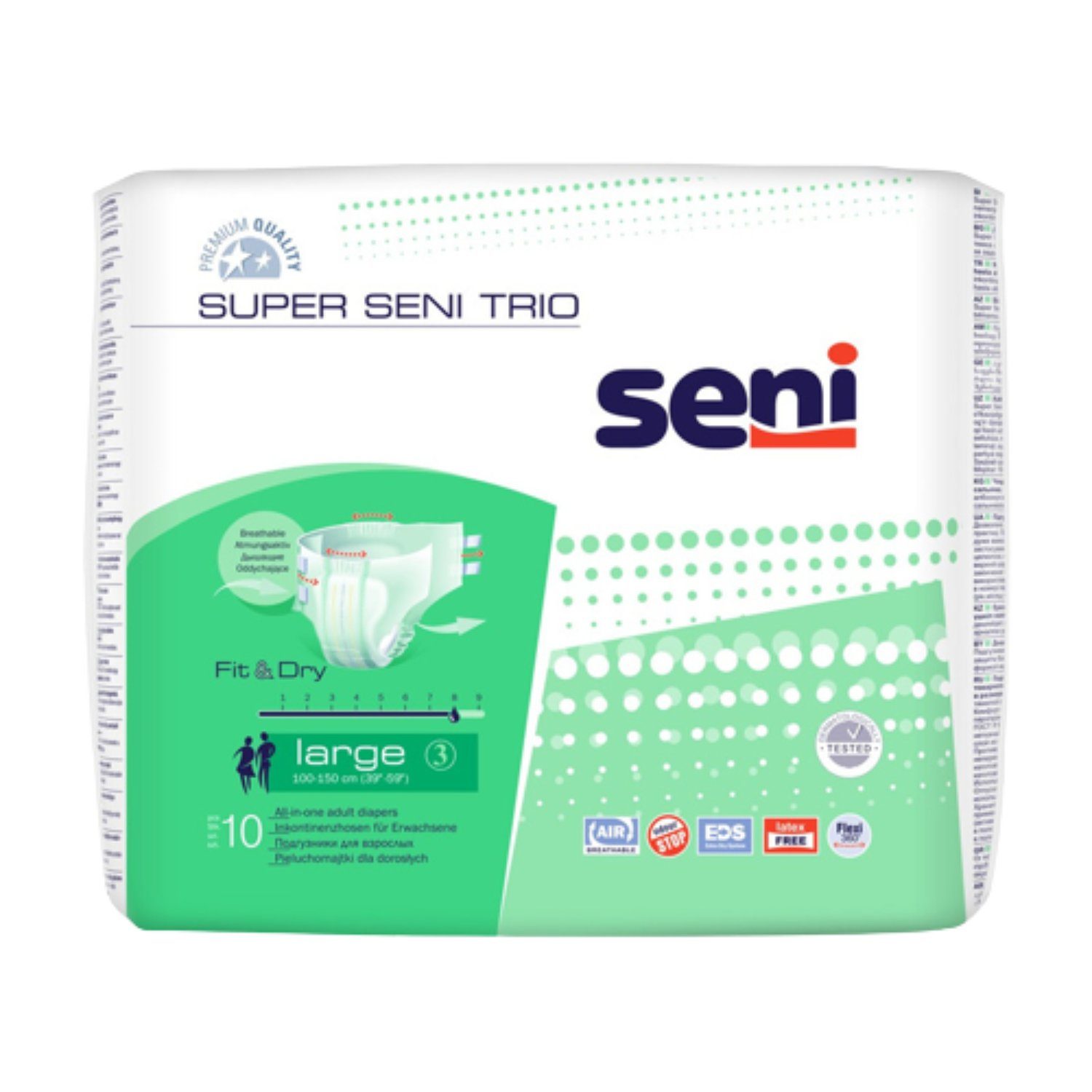 seni Inkontinenzslip Super Seni Trio Inkontinenzslips L, 10 Stück (Einzelpackung, 10-St., 1 Packung à 10 Stück) Atmungsaktiv, latexfrei, Nässeindikator, vier Klebeklettverschlüsse