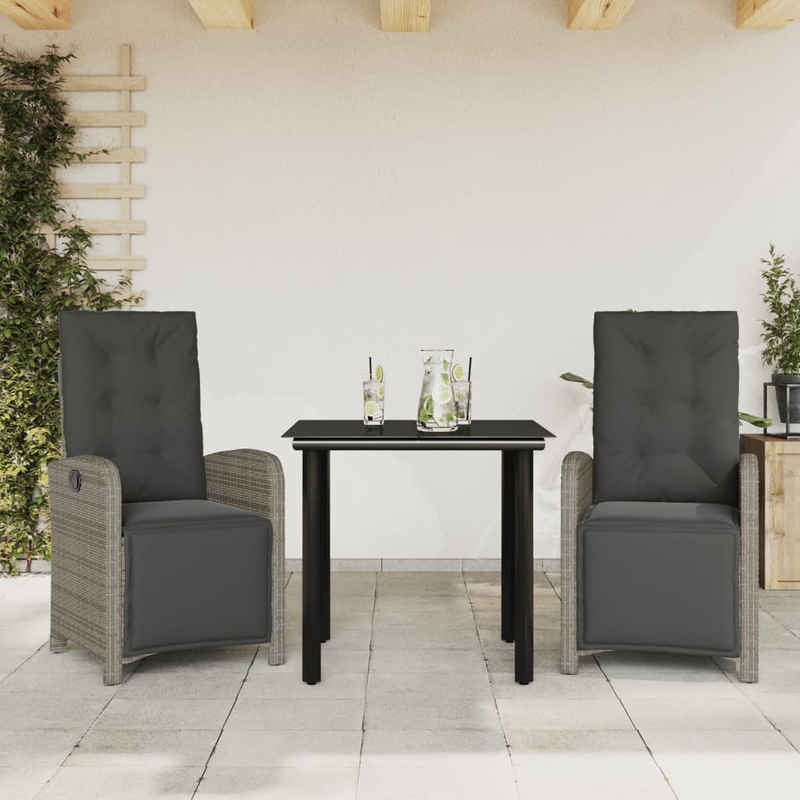 vidaXL Gartenlounge-Set 3-tlg. Bistro-Set mit Kissen Grau Poly Rattan, (3-tlg)