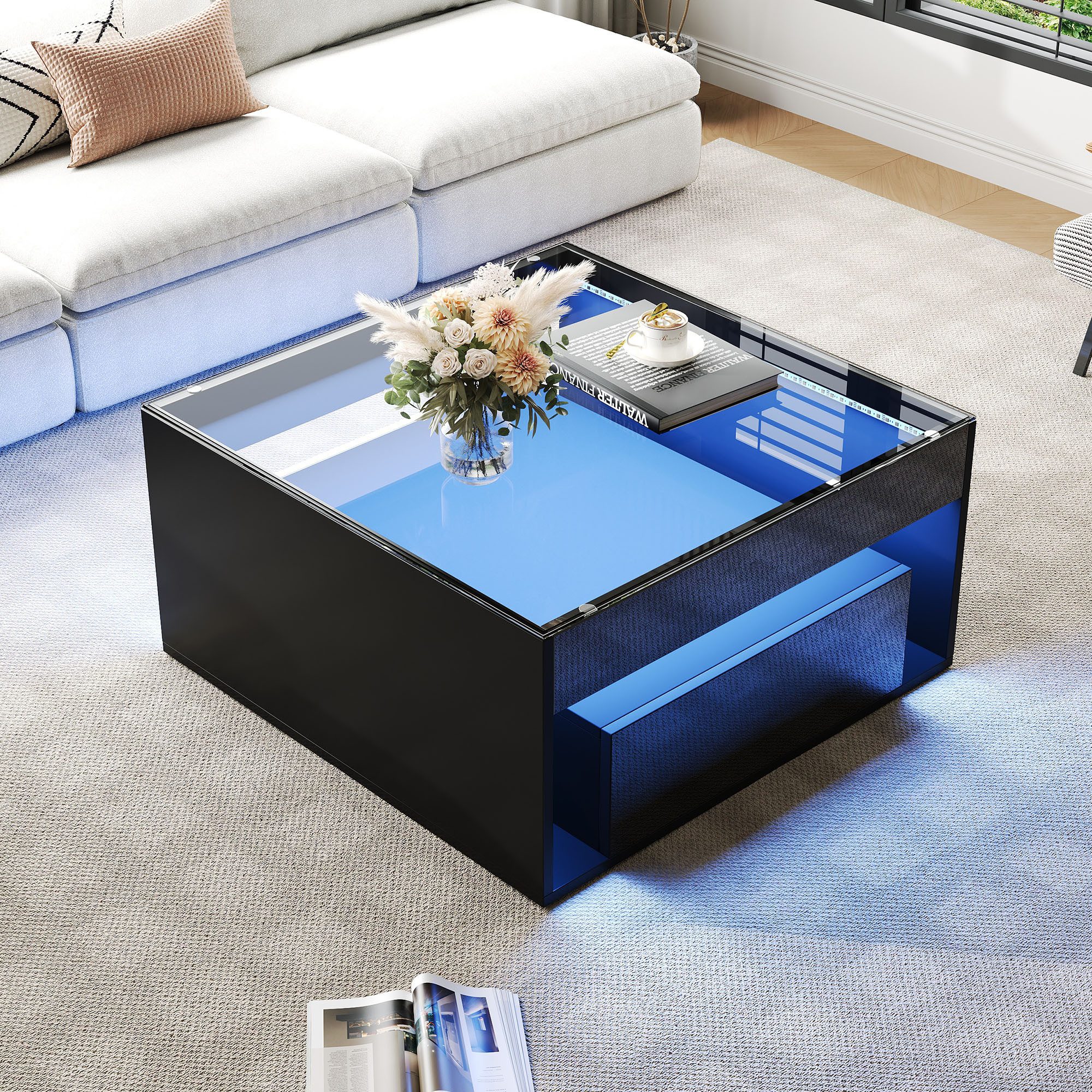 Merax Couchtisch hochglanz Sofatisch Beistelltisch mit LED-Beleuchtung (1-St., ideal für kleine Wohnzimmer), Wohnzimmertisch mit 2 Schubladen & gehärteter Glasplatte, 70x70x35cm
