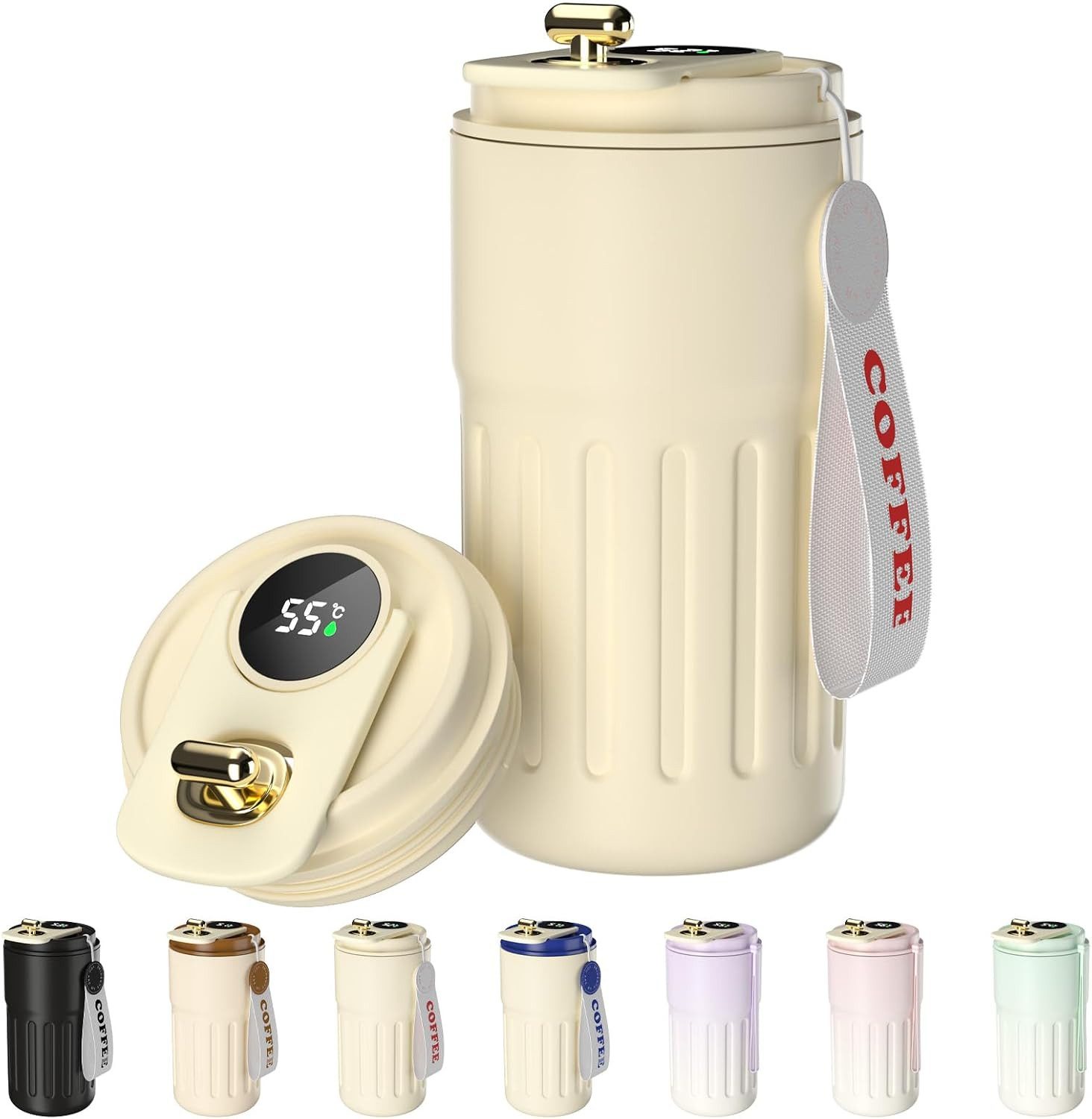 EXTSUD Thermobecher 410ml 316 Edelstahl Kaffeebecher, Digitalanzeige Thermobecher, Weiß, 316-Edelstahl und Keramik, Travel Coffee Mug, Isolierter auslaufsicher Termokaffeebecher