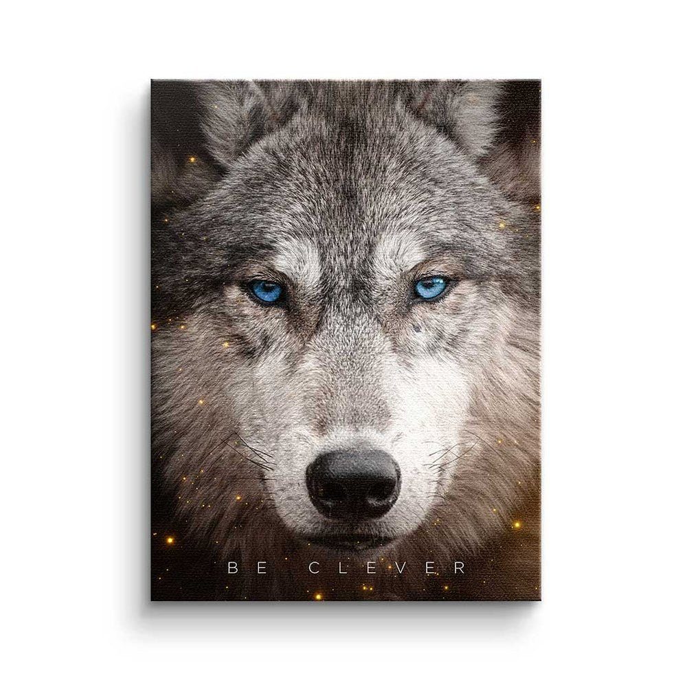 DOTCOMCANVAS® Leinwandbild, Leinwandbild Clever Face Wolf Motivation be clever mit premium Rahmen ohne Rahmen