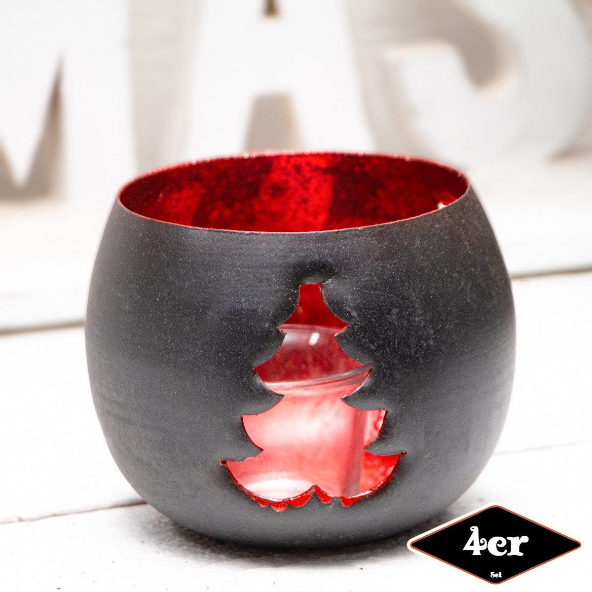 Antikas Weihnachtsfigur Teelichthalterset, Baum, 4er Set, Eisen, Schwarz, Rot, H10,0xB11,5