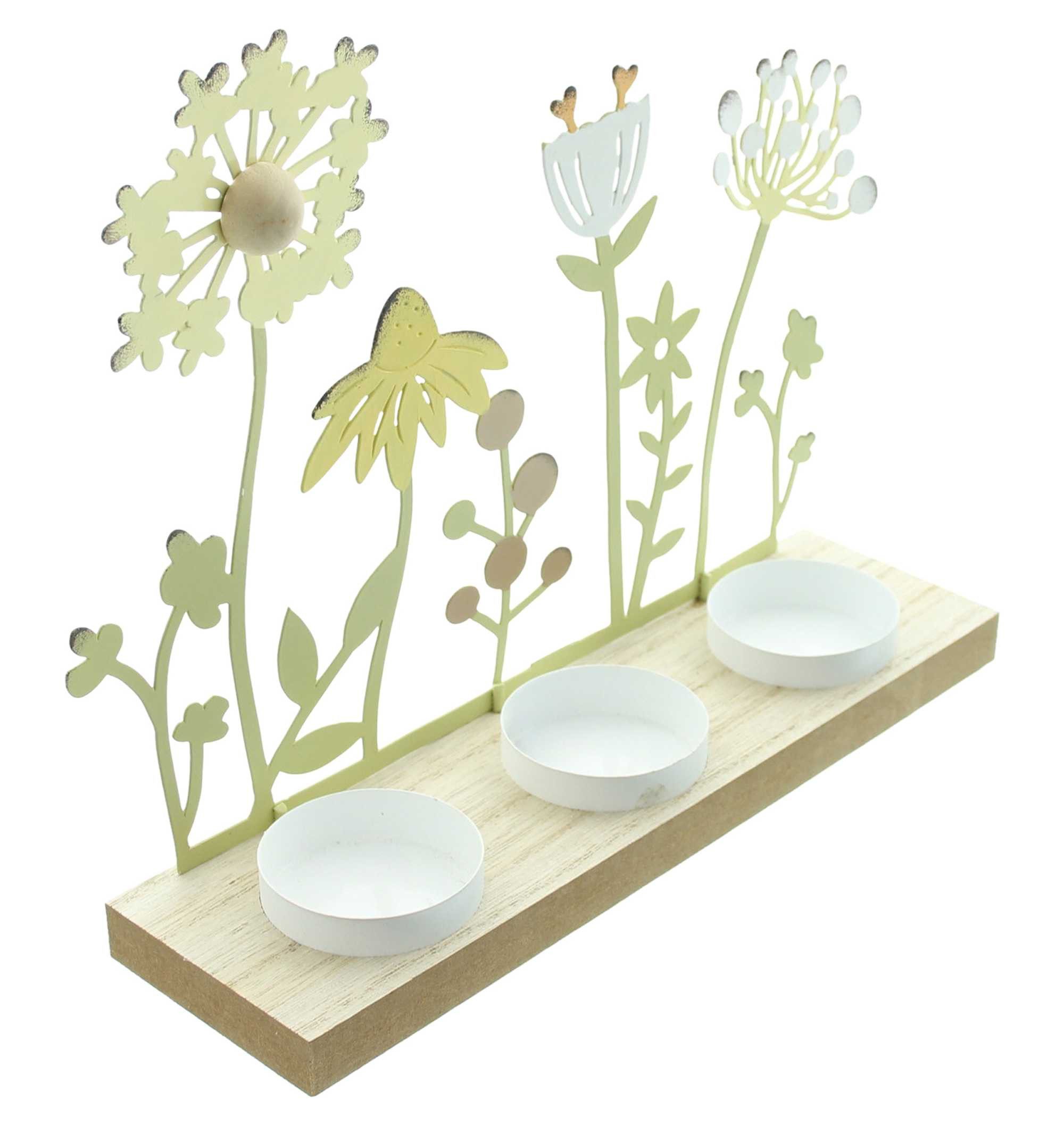 Dekoleidenschaft Teelichthalter "Blumenwiese" aus Metall, Holz Sockel für 3 Teelichter, Kerzenständer, Wohnzimmer & Balkon Deko