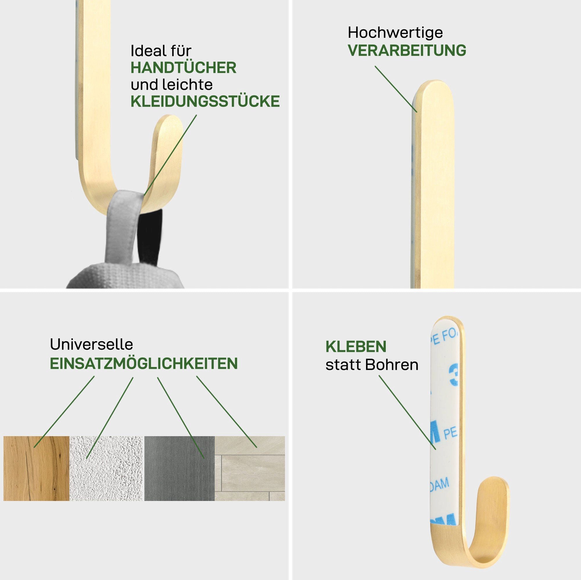 Natural Goods Berlin Wandhaken JOT, Geeignet für Fliesen, Schränke und Türen, ob Badezimmer, Küche, Flur oder Kinderzimmer., (5-St), Kleiderhaken, Handtuchhalter, Wandklebemontage, Garderobenhaken, Gold