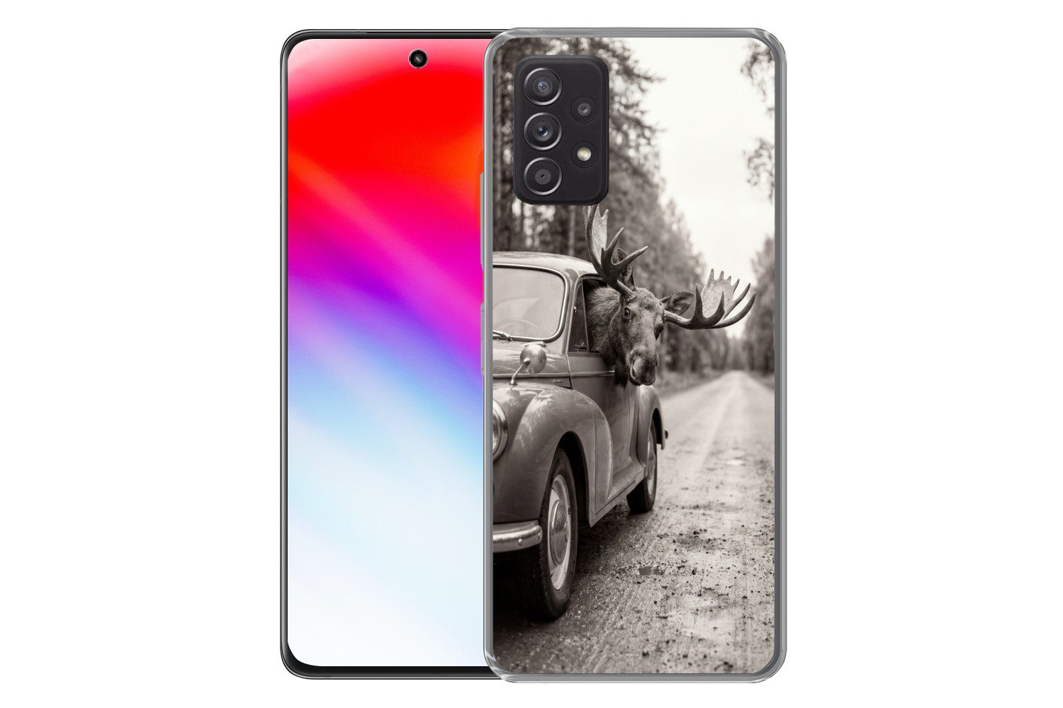 MuchoWow Handyhülle für Samsung Galaxy A53 5G Elch - Auto - Geweih - Schwarz - Weiß, Phone Case, Silikon, Schutzhülle Dünn