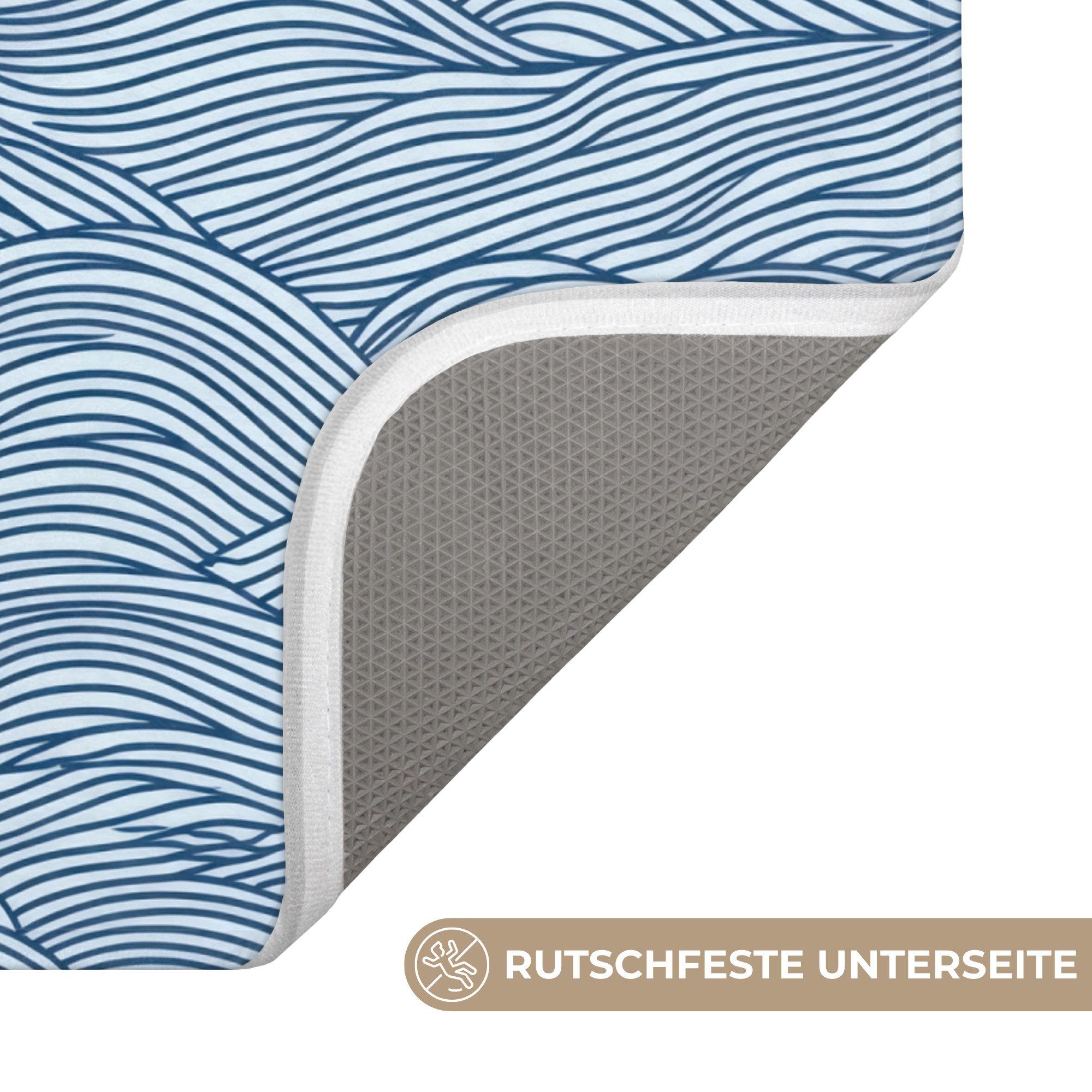 OnlyWow WC-Vorleger Wellen - Rhythmisch - Blau, Höhe 10 mm, Polyester, U-Form, Vorleger mit Ausschnitt, Toilettenvorleger, Toilettenteppich