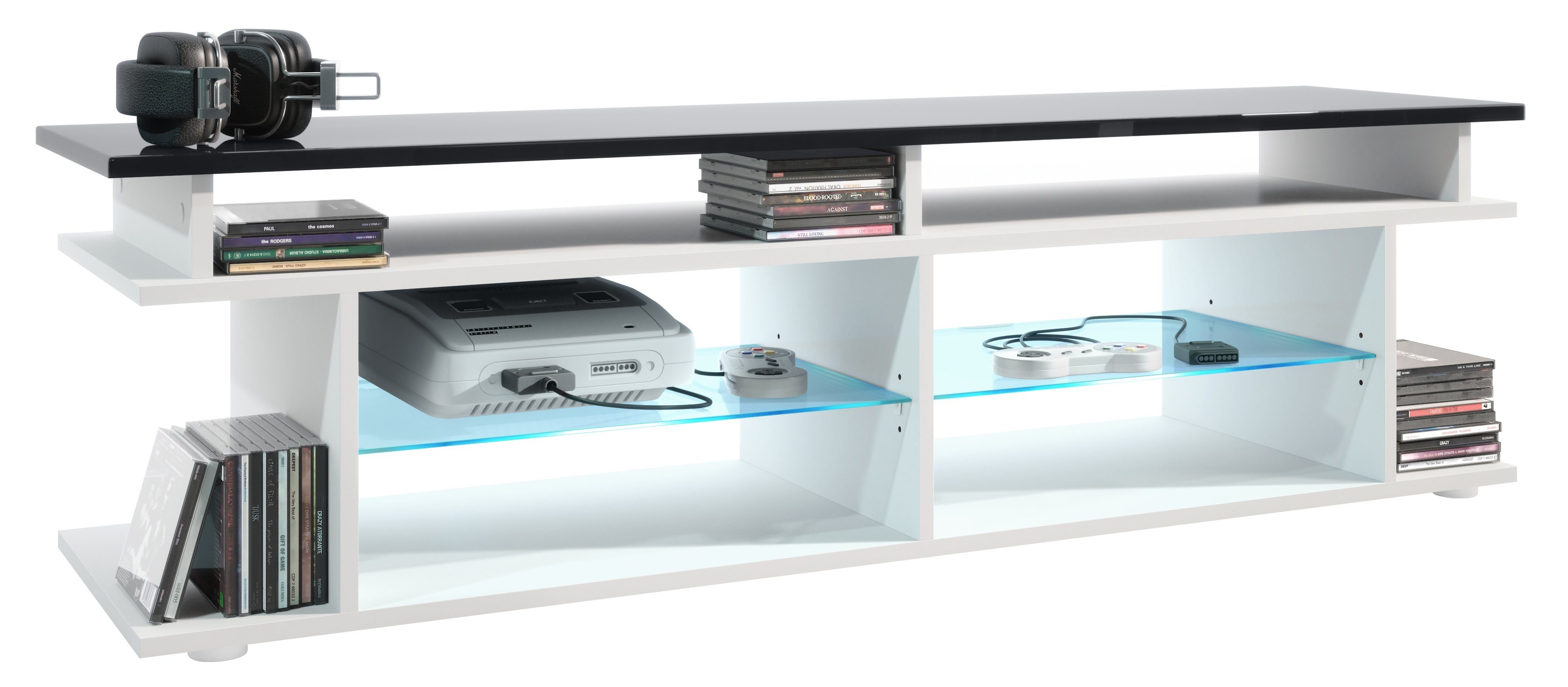 Vladon Lowboard Movie V3 (Lowboard + Tv-Aufsatz, mit insgesamt 8 Fächern inkl. LED-Beleuchtung), Weiß matt/Schwarz Hochglanz (138,5 x 39 x 37,5 cm)