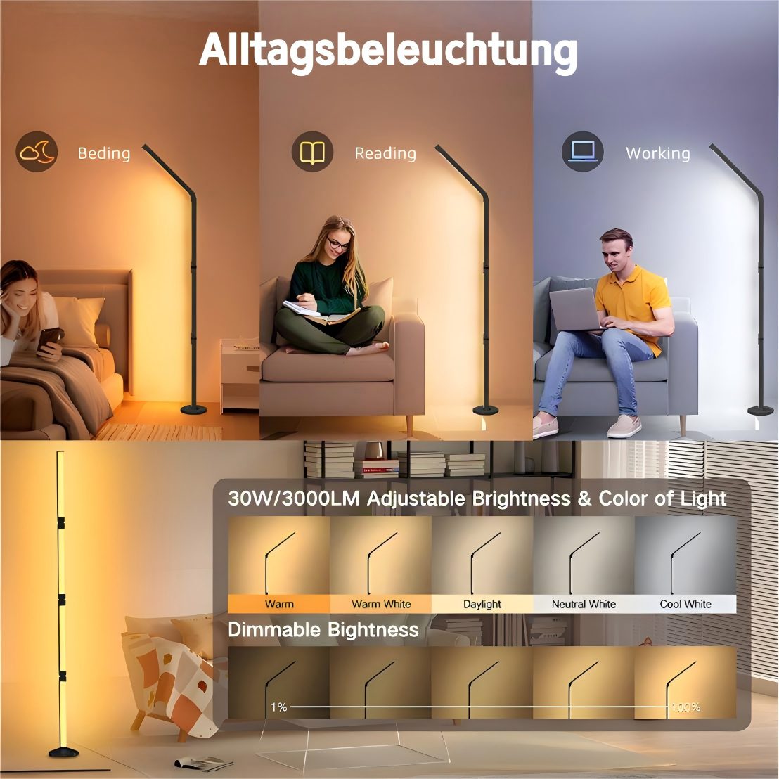 ibettertec LED Stehlampe RGBICWW Stehlampe 145cm Smart LED stehleuchte mit Fernbedienung(APP) , für Wohnzimmer,Schlafzimmer,Party,Spiel,Lesen, Faltbar, WeiBes Licht/Warmes Licht/Naturliches Licht/RGB, Floor Lamp, Musiksynchronisation, DIY-Modus, App/Fernbedienung,Dimmbar,145cm,24W,1000+ Farbmodi,Timer