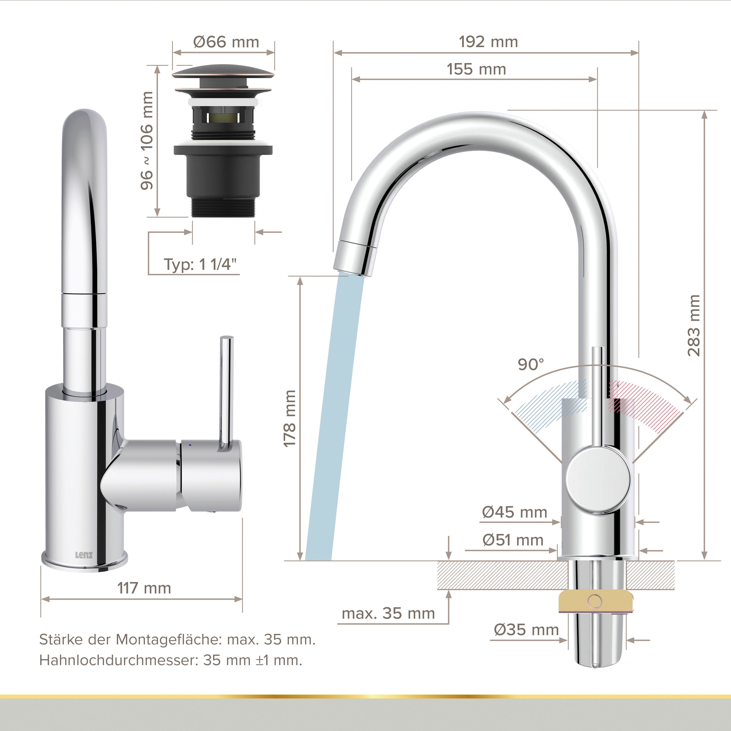 Lenz Waschtischarmatur BOW2 (Armatur mit Pop-Up-Ventil) EasyFix Befestigung – Bild 5 von 5