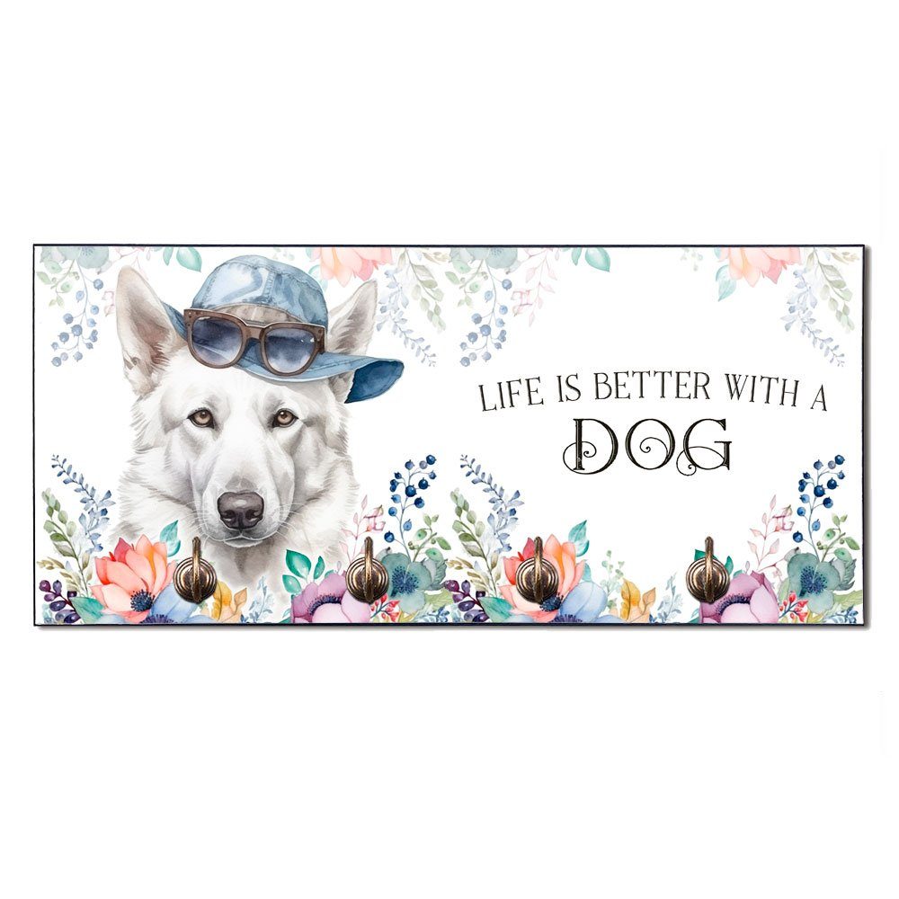 Cadouri Wandgarderobe SCHWEIZER SCHÄFERHUND Hundegarderobe - Wandboard für Hundezubehör (Garderobe mit 4 Haken), MDF, mit abgeschrägten Ecken, handgefertigt, für Hundebesitzer