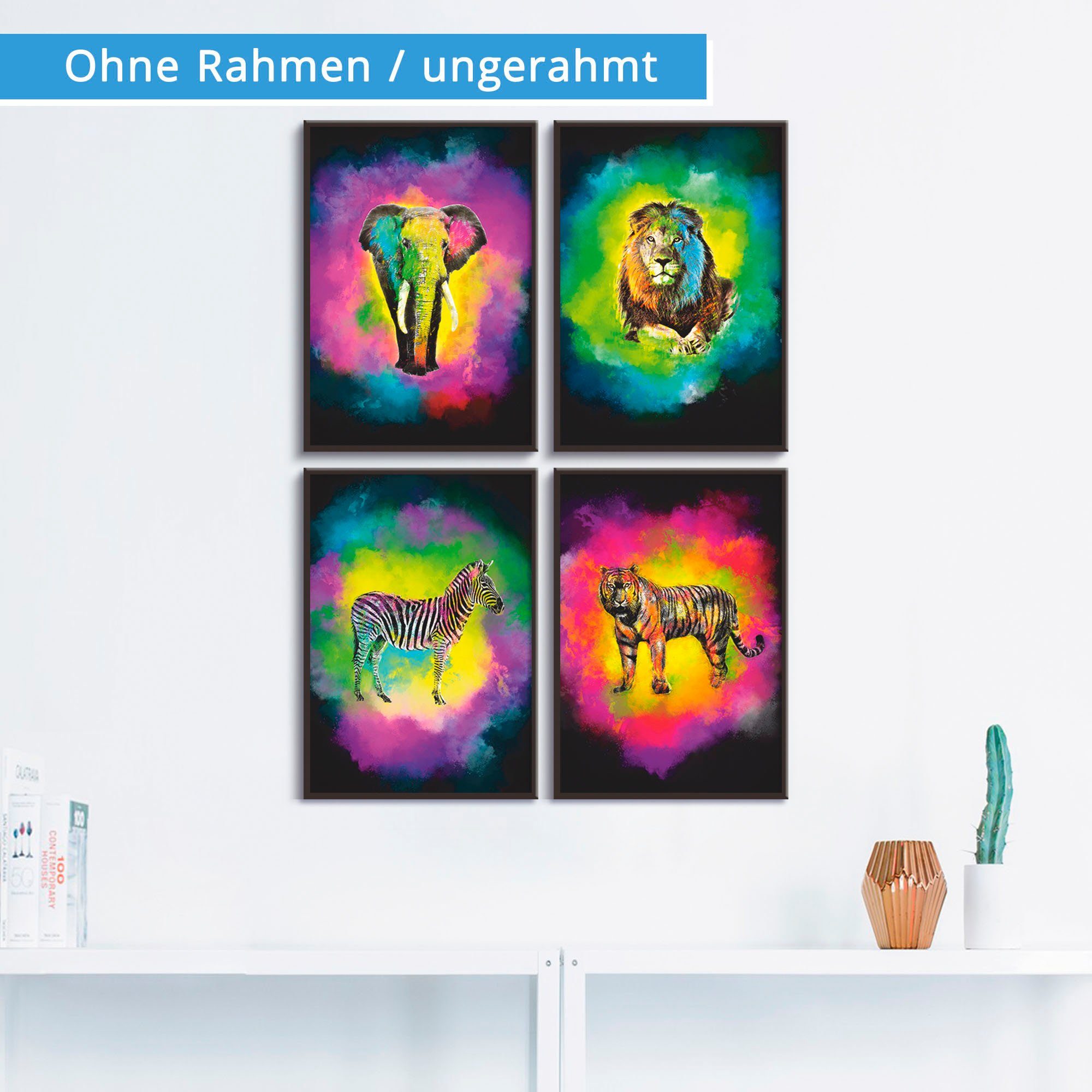 Artland Poster Farbexplosion Elefant Löwe Zebra Tiger, Wildtiere (4 St), Bilder Set, 4tlg., ohne Rahmen