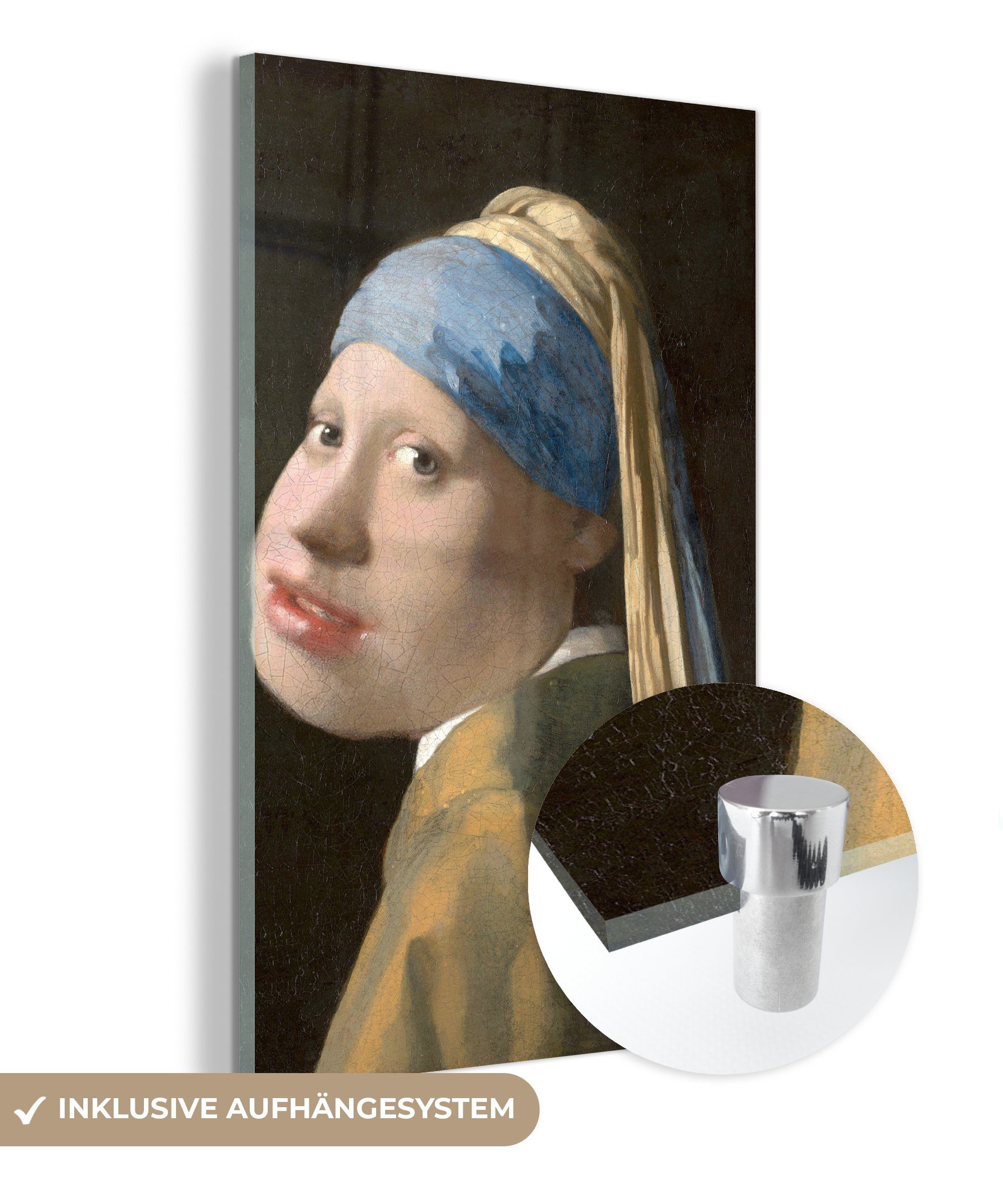 MuchoWow Acrylglasbild Das Glas Perlenohrring - Karikatur, St), - auf Glas Johannes Wandbild Glasbilder Wanddekoration - Bilder (1 Vermeer - Mädchen - mit auf bunt Foto dem