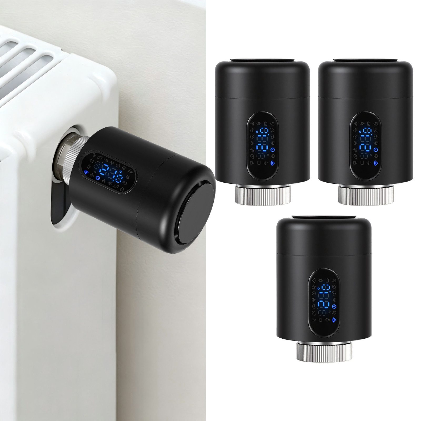 Clanmacy Heizkörperthermostat Smartes Thermostat WiFi, App-Steuerung, Smart Life/Tuya, Schwarz, 3er, (21 St)