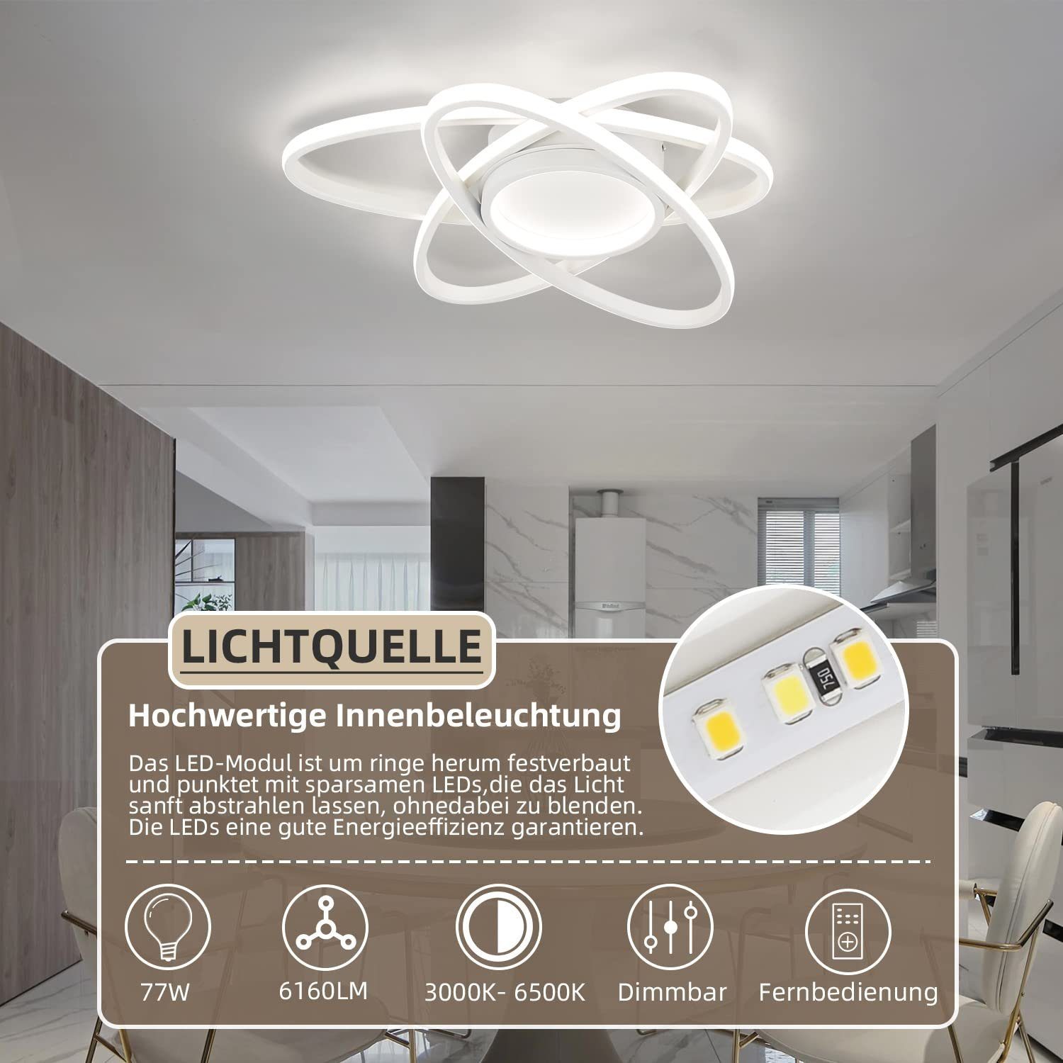 dimmbar, fest Deckenleuchte, 3 77W, integriert, LED ZMH Tageslichtweiß, Deckenleuchte Weiß Oval LED