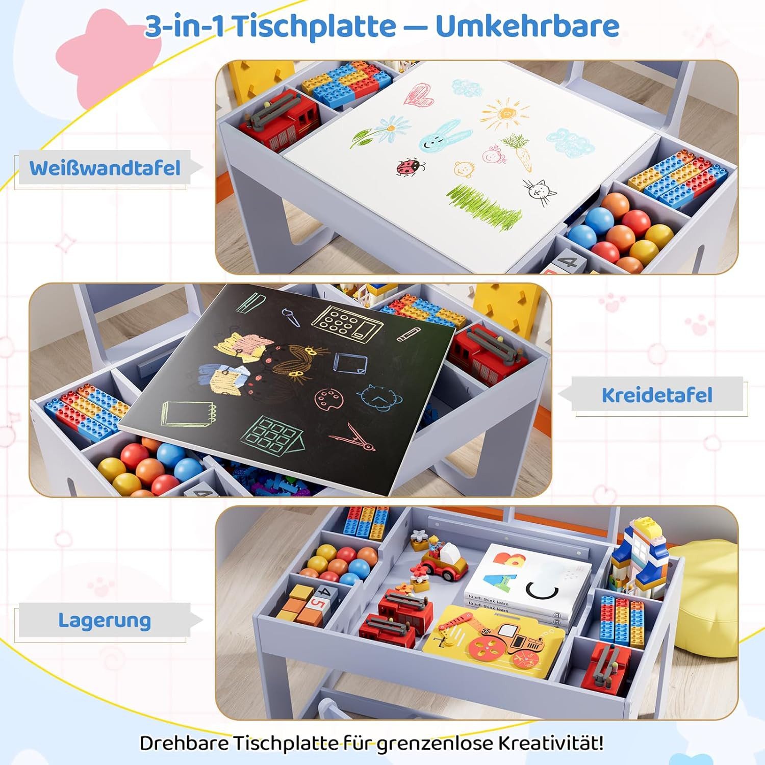 TLGREEN Kindertisch mit 2 Stühlen, Kindersitzgruppe (Kinder Tisch Stuhl Set mit wendbarer Tischplatte, 80 x 48 x 48 cm), Kinderschreibtisch für Schule, Kindertagesstätte, Kinderzimmer