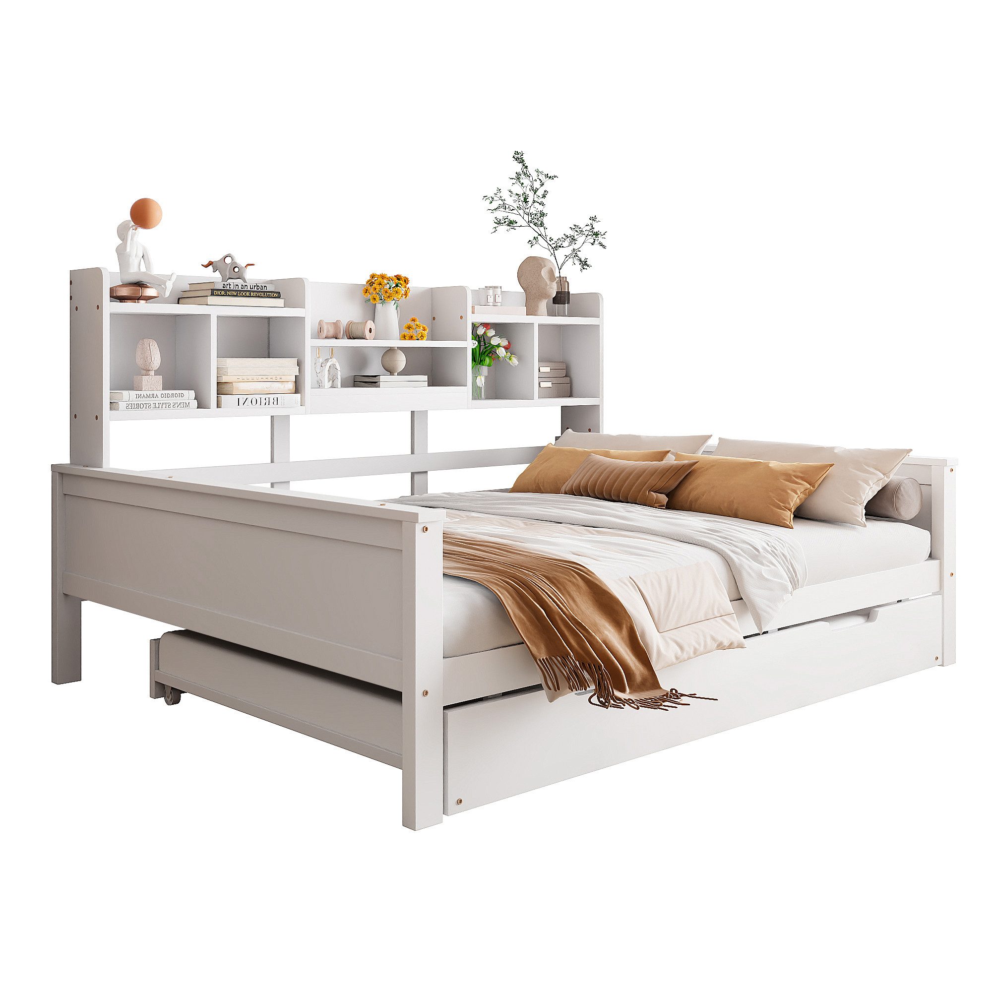 Rutaqian Ausziehbett Ausziehbares Schlafsofa 140x200CM Massivholz, Ausziehbett 90x190CM (1 tlg), mit Staufach und Lattenrost, Kiefer Multifunktionsbett, Weiß
