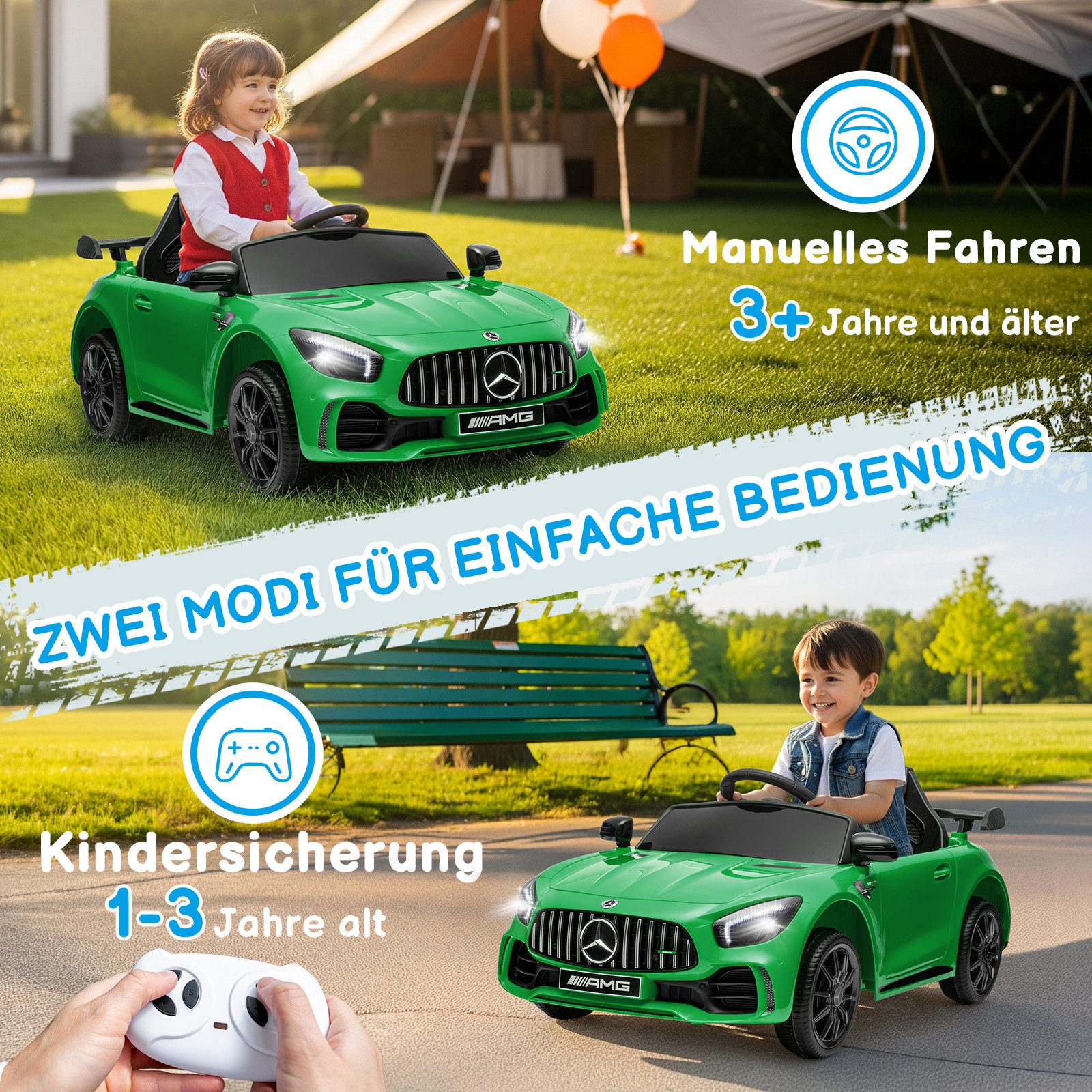 LALAHO Elektro-Kinderauto Elektroauto Kinderauto Benz Mercedes AMG GTR, 2,4G Fernbedienung, 12V,4.5 Ah, Fernsteuerung 2,4GHz,2 x35W Motors,Bluetooth,Musik,USB