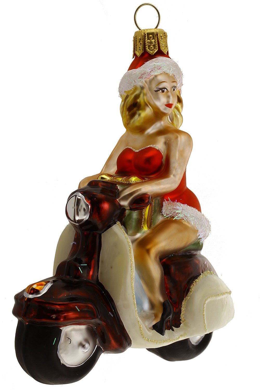 Hamburger Weihnachtskontor Christbaumschmuck Ms. Santa auf Motorroller weinrot, Dekohänger - mundgeblasen - handdekoriert