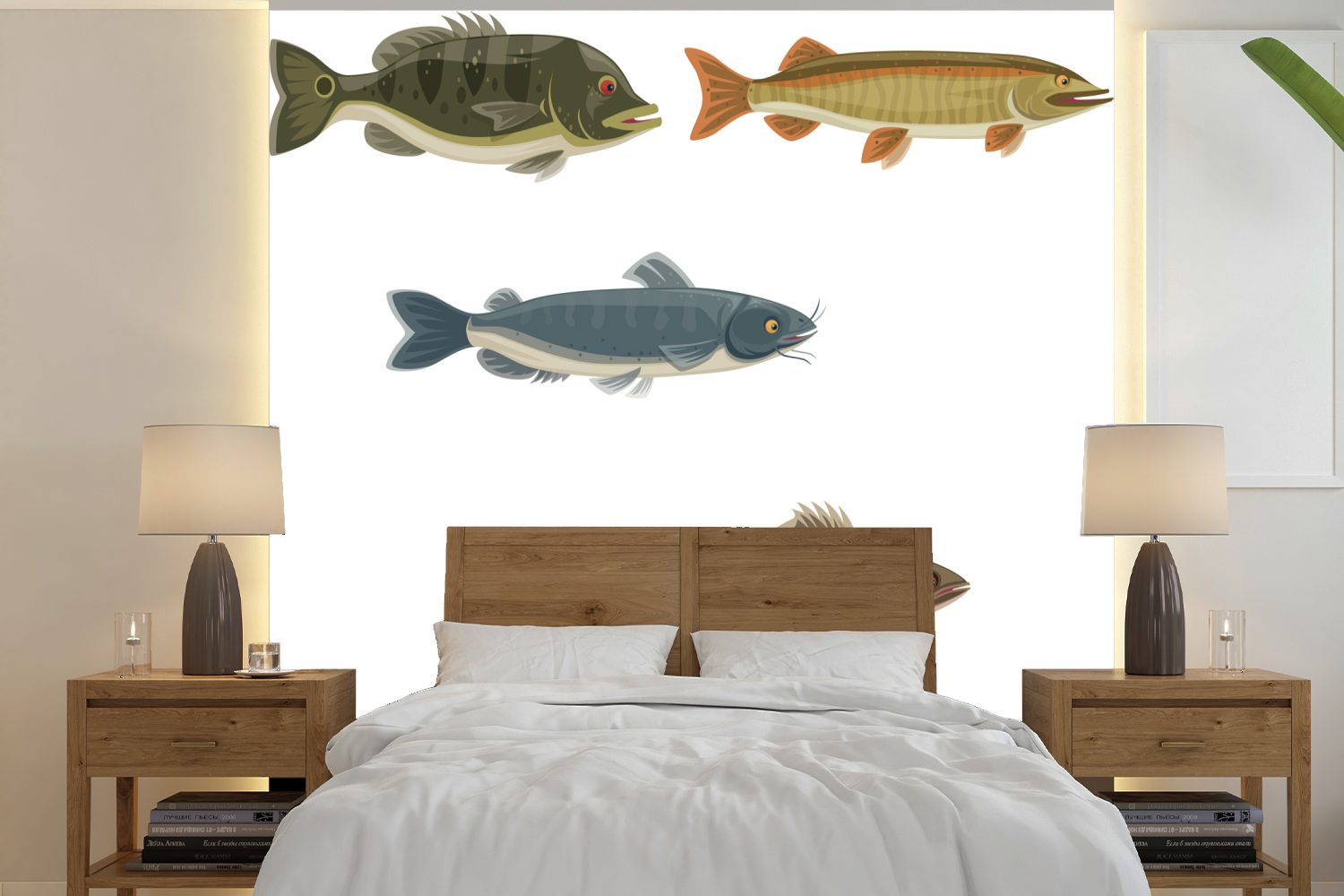 bedruckt, Wandtapete Matt, Eine Wohnzimmer Fischen, Illustration oder Tapete von (5 farbigen sechs MuchoWow Fototapete St), Schlafzimmer, Vinyl für