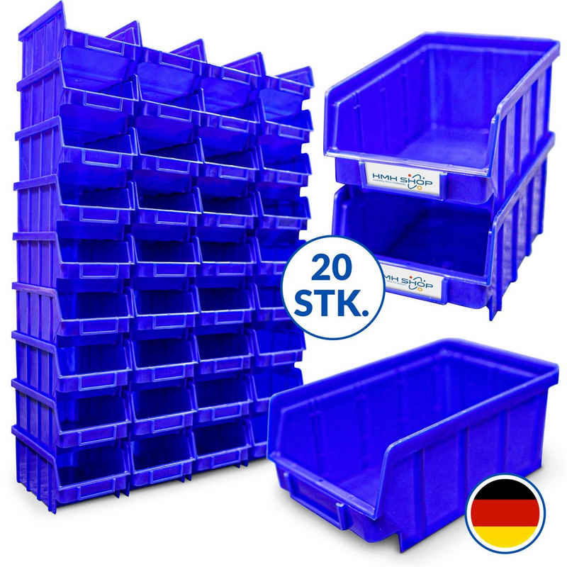 HMH Stapelbox 20 blaue Stapelboxen Größe 2 Blau Sichtlagerkästen Sortierkisten, Stapelbar, Beschriftungs-Fach