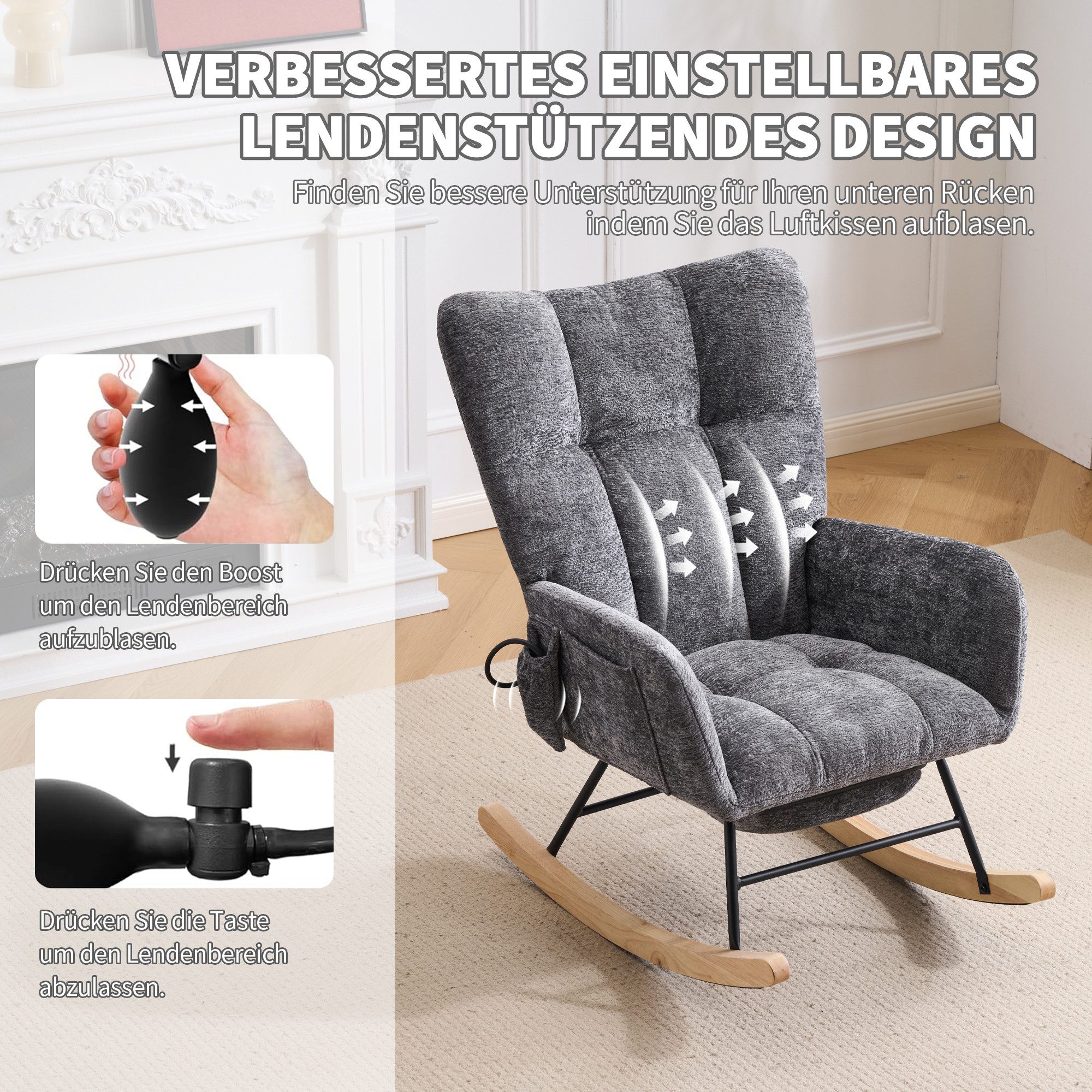 Vankel Schaukelstuhl Relaxsessel Chenille mit Fußstütze, Schaukelfunktion & Stauraum, Bequemer Schaukelstuhl mit Luftkissen-Rückenlehne für Wohnzimmer – Bild 4 von 5