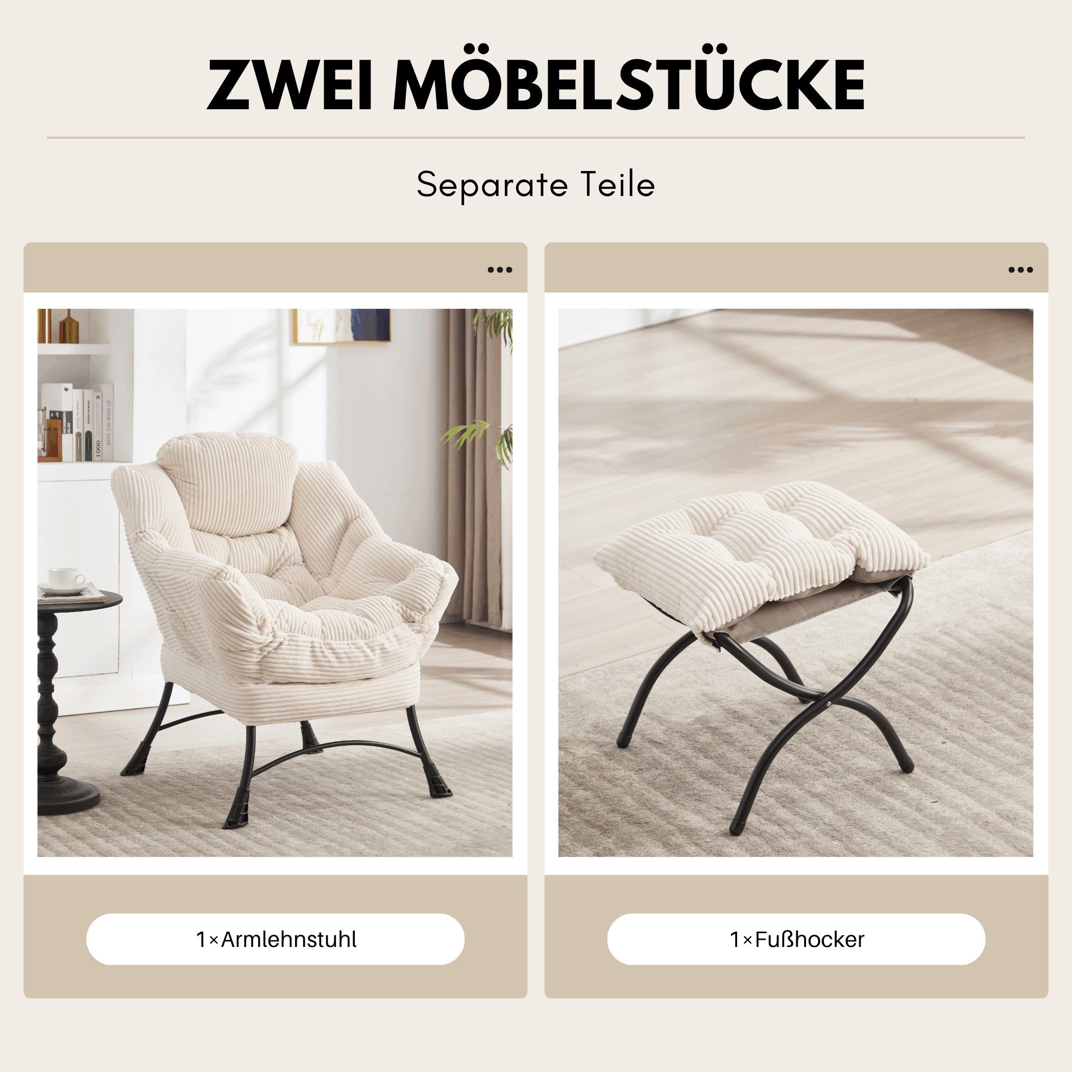 SeedWave Sessel Flanell Armlehnstuhl Ohrensessel mit 1 Fußhocker, 1 Seitentasche (Relaxsessel mit Hocker), Der Polstersessel mit Stahlgestelle