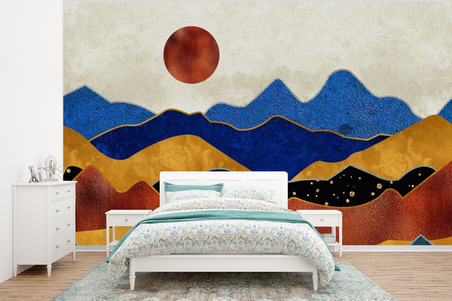 MuchoWow Fototapete Gold - Blau - Marmor, Matt, bedruckt, (6 St), Wallpaper für Wohnzimmer, Schlafzimmer, Kinderzimmer, Vinyl Tapete