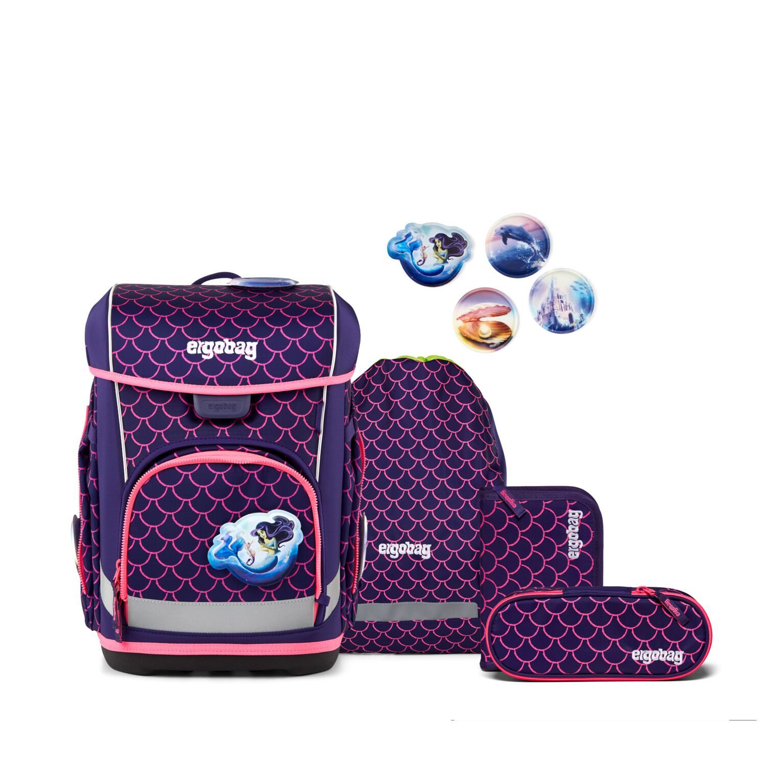 ergobag Schulranzen Schulranzen-Set CUBO LIGHT PerlentauchBär 5-teilig, 25/26 (5-teilig), Superleicht, Hugging-Rückensystem, für kleine/schmale Kinder