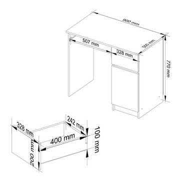 Home Collective Computertisch Schreibtisch Bürotisch Gaming Tisch mit ausziehbarer Tastaturablage, mit 1 Schublade und 1 Tür rechts, 90 x 50 x 77 cm, Artisan Eiche weiß