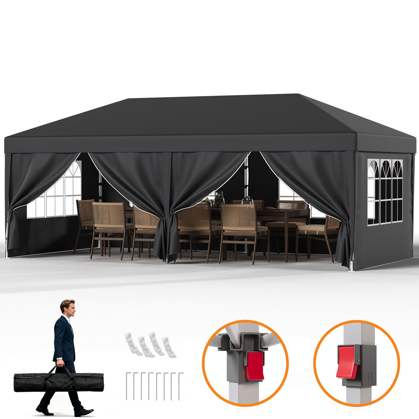 HOMALL Faltpavillon 3x6m Wasserdicht Gartenzelt Pop Up Gartenpavillon mit 6 Seitenteilen, mit 6 Seitenteilen