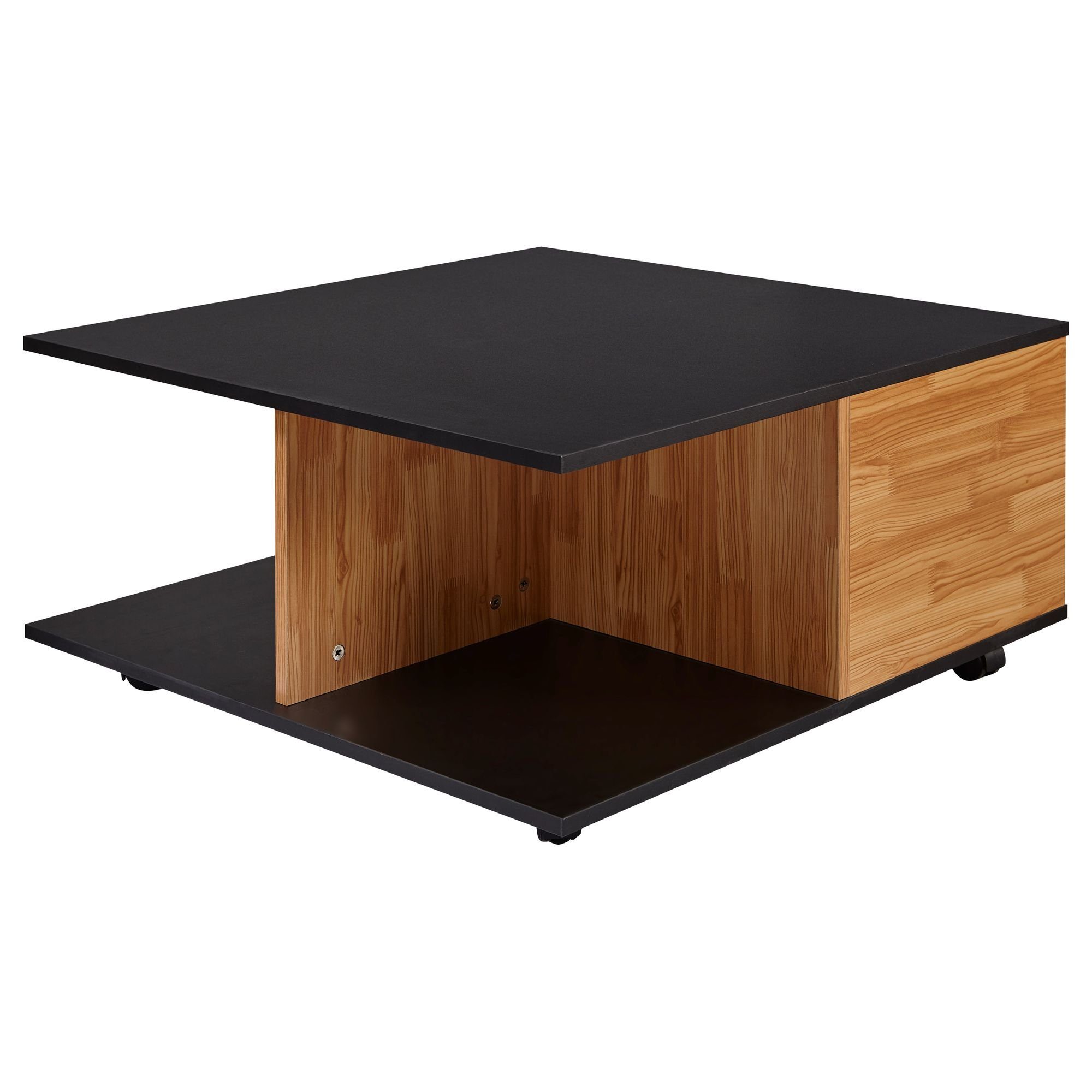 SuVa19138_1 Sandeiche, mit Tisch mit Schwarz Rollen (70x70 FINEBUY Schubladen, | Anthrazit Braun 2 Grau cm Couchtisch Sofatisch / Eckig), | Wohnzimmertisch