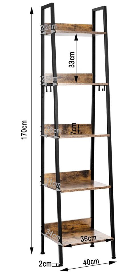 Woltu Standregal, 1-tlg., mit 5 Ebenen, mit 4 Haken, im Industriestil, aus MDF
