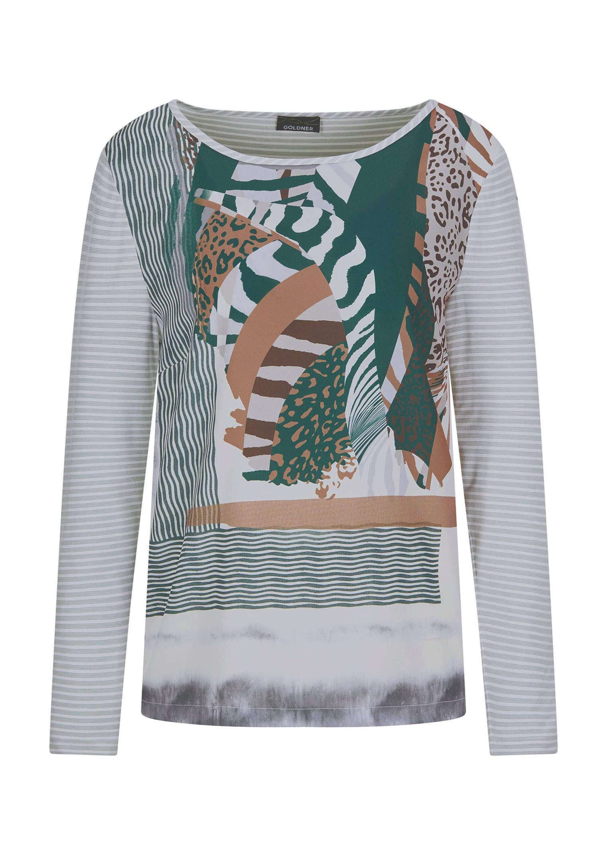 GOLDNER Langarmshirt Kurzgröße: Langarm Satinshirt mit Allover-Print Abstraktes Printshirt mit U-Boot-Ausschnitt, Jersey-Rücken, Langarm