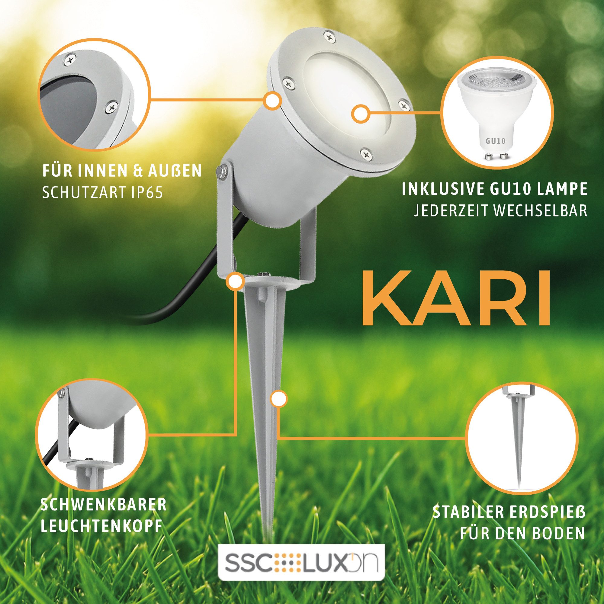 SSC-LUXon LED Gartenstrahler Gartenstrahler KARI mit Erdspiess grau & Kabel incl. 3W neutralweiss, Neutralweiß