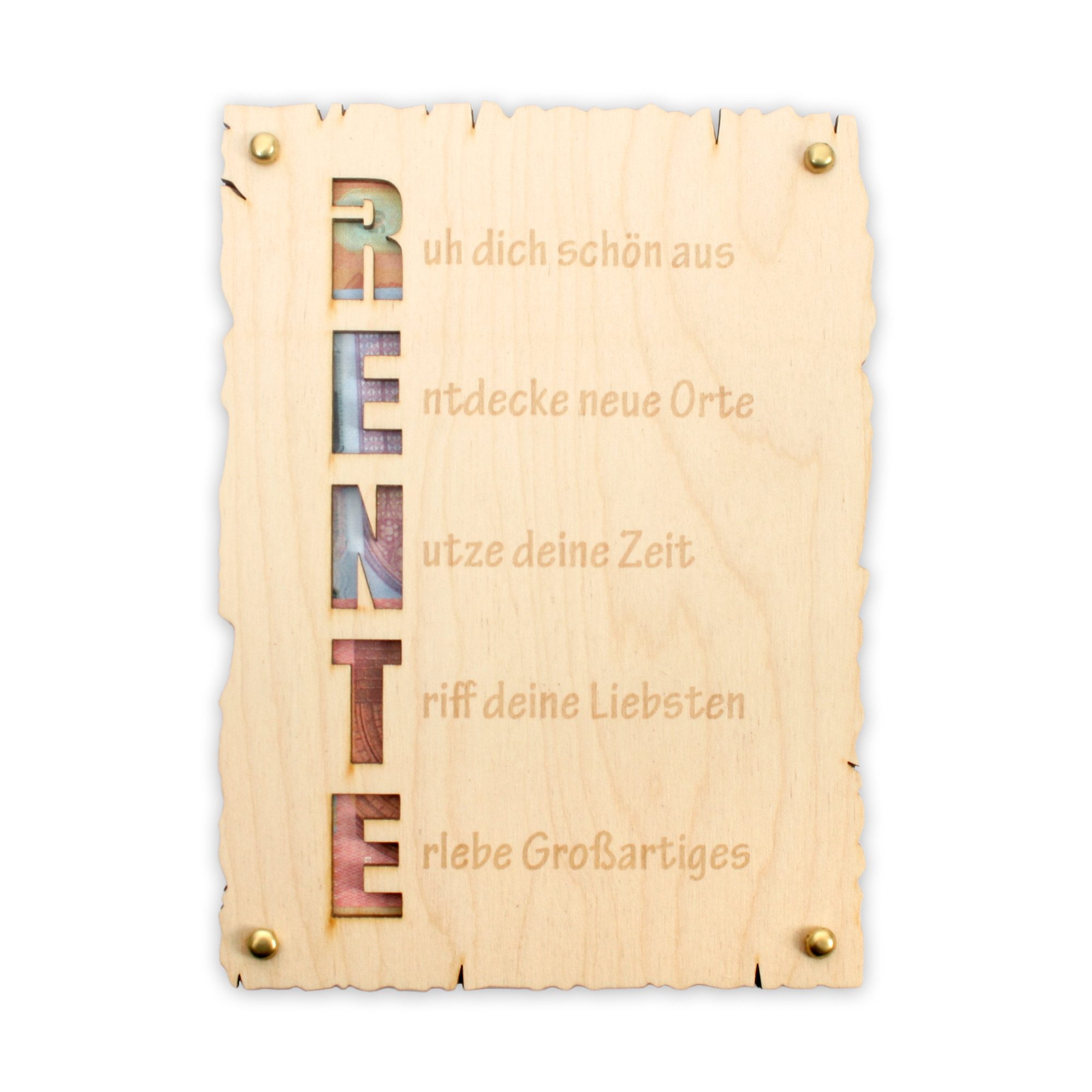 Kreative Feder Glückwunschkarte „Rente“ - Glückwunsch-Karte aus Holz zum Ruhestand, Geschenk-Karte für Geldgeschenke; Größe ca.: 14,6 x 19,7cm