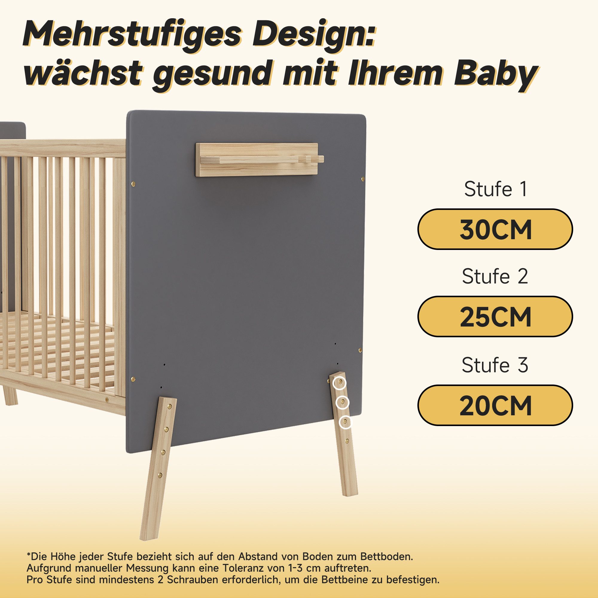 Odikalo Babybett Kinderbett mit Drei-stufiger Höhenverstellung, Als Anschlussbett/Sofabett nutzbar, Ohne Matratze, 140*70*86cm