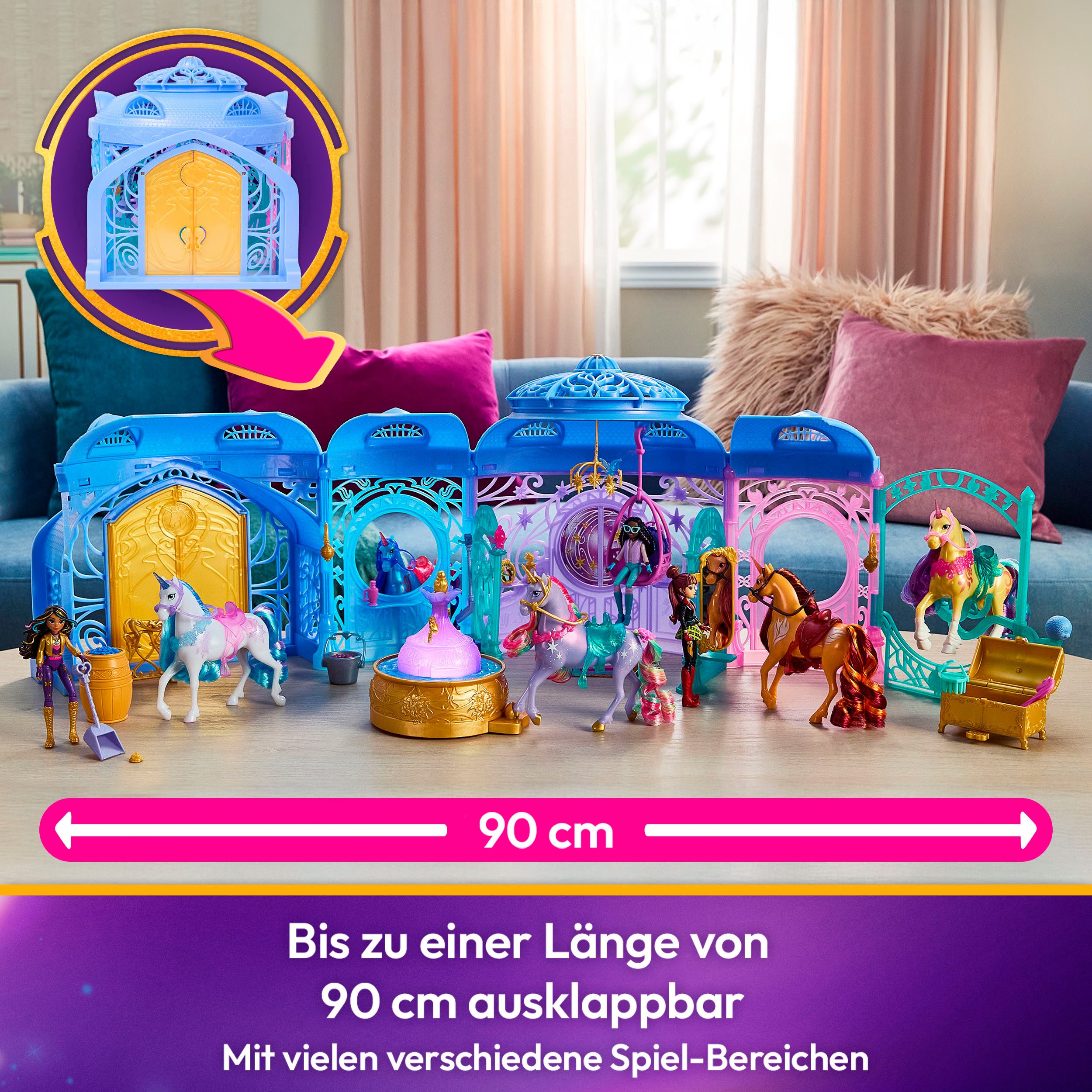 Spin Master Anziehpuppe Unicorn Academy - Stall Starglow Fountain & Stable, mit Licht und Sound
