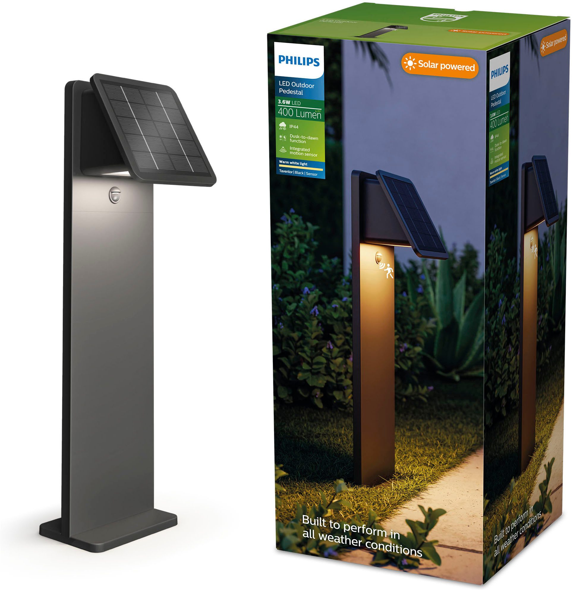 Philips LED Solarleuchte Tavenlor Solar-Sockelleuchte, Dämmerungssensor, Schwarz, Abschaltautomatik, mehrere Helligkeitsstufen, LED fest integriert, Warmweiß, 2 Helligkeitsstufen, 400 lm, 2700 K Warmweiß, IP44
