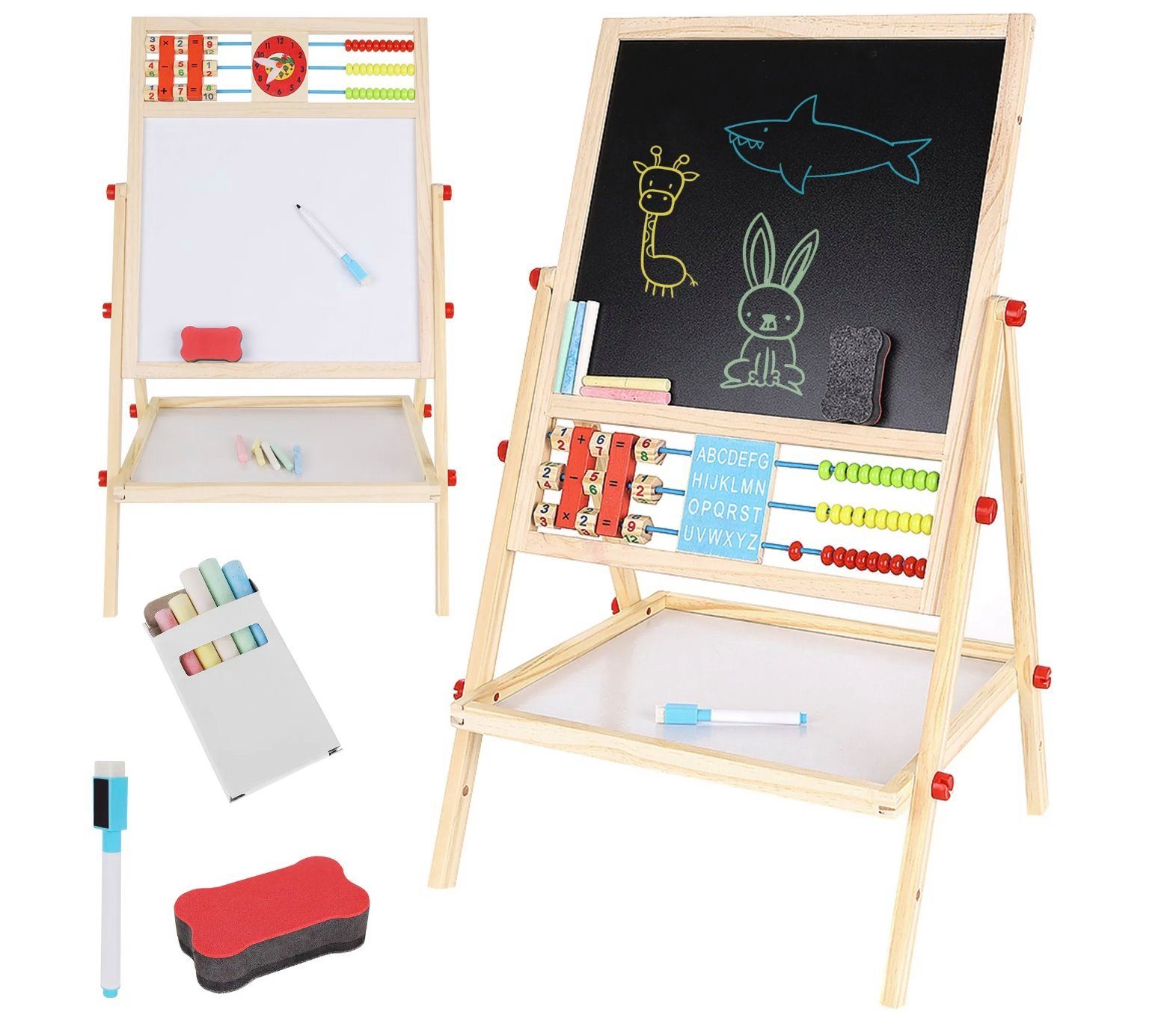 KomfortHome Standtafel Tafel Kindertafel Holz Kreidetafel, Stiftmarker, Rechenschieber, Uhr