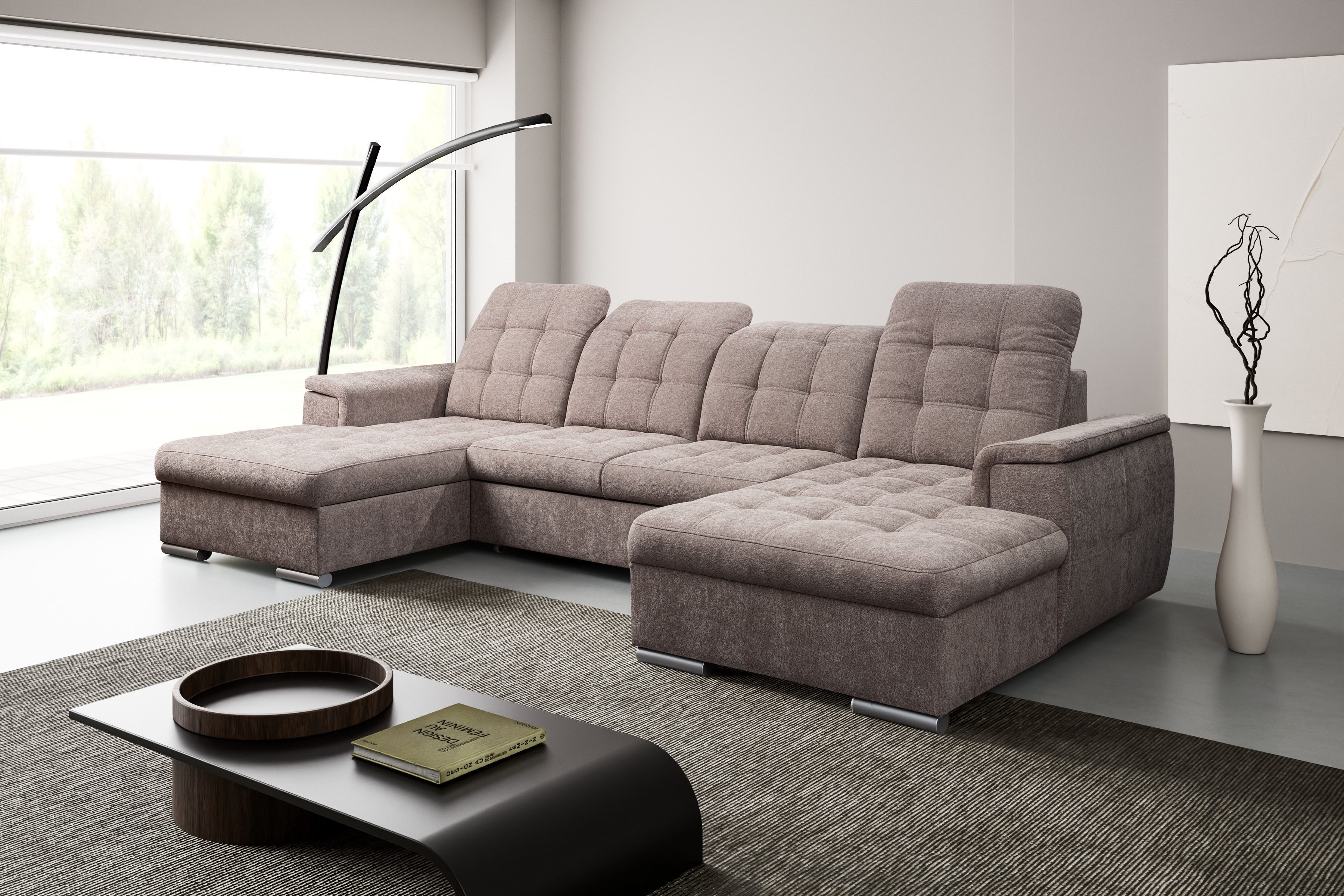 WERK2 Wohnlandschaft Napoli 330 x 174 cm zeitlos modern und bequem, U-Form, XXL, Schlaffunktion, Bettkasten, verstellbare Kopfteile