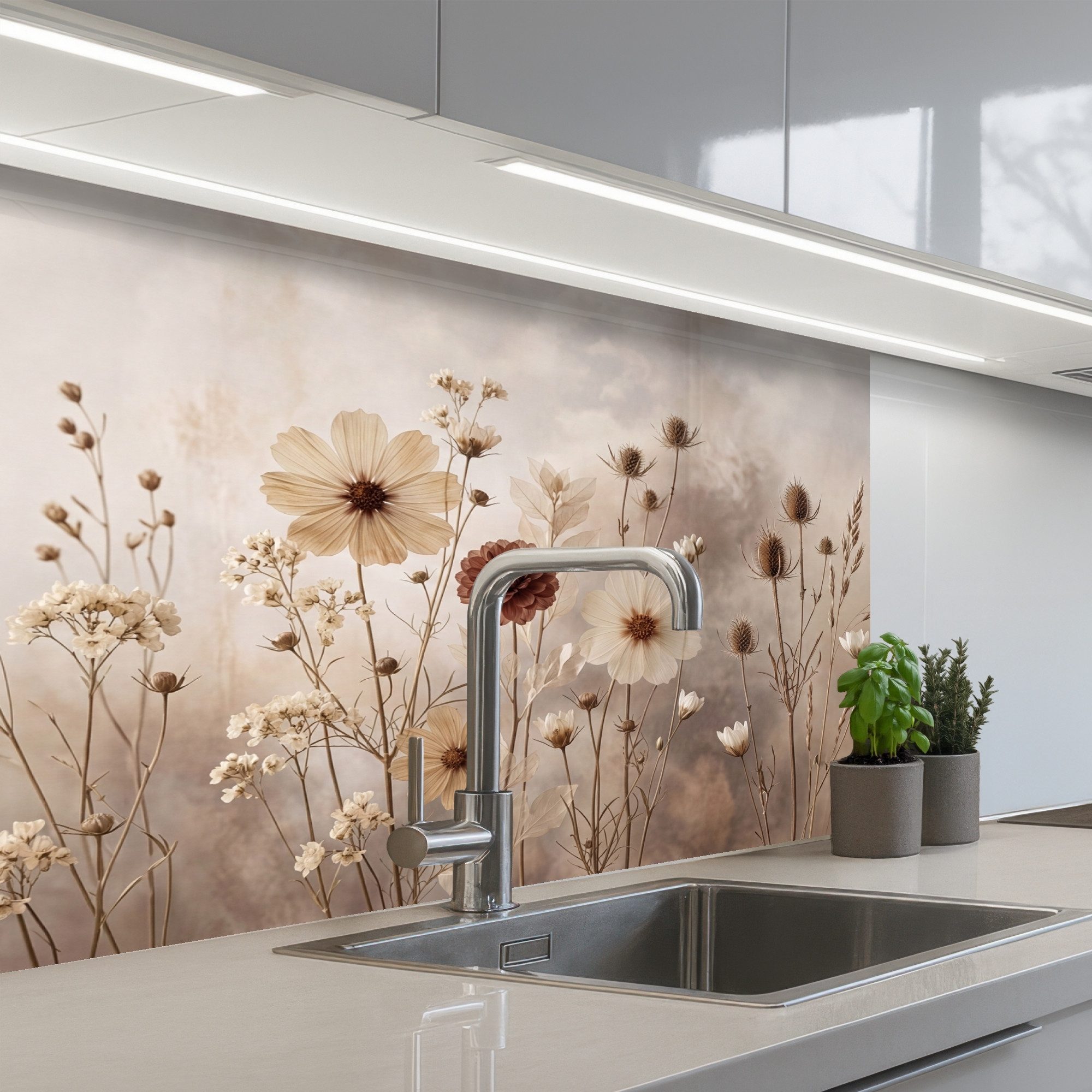 KitchenYeah Küchenrückwand selbstklebend (keine Folie) Wilde Blumen - Botanisch - Vintage - Natur, (1-tlg), Spritzschutz, Küche, Rückwand, Küchenwand, Küchenfront, 80x60 cm